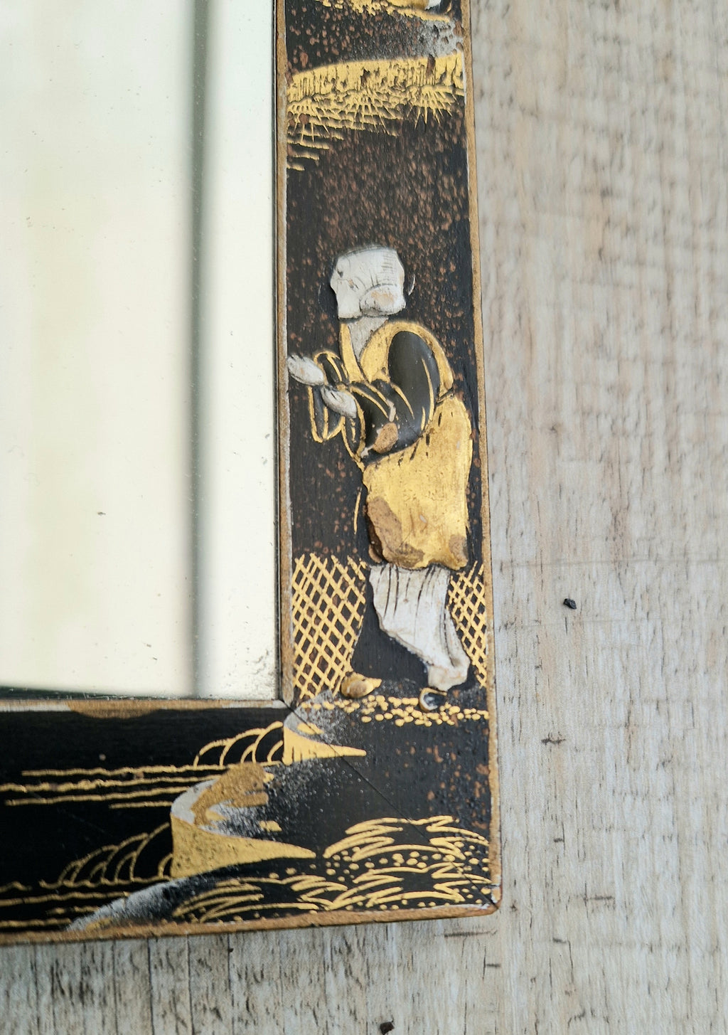 Antique Edwardian Chinoserie Black & Gilt Japanned Rectangular Wall Mirror