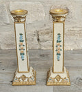 Ornate Vintage Pair Of Candlesticks Pedestal Column Resin Cream Gold Floral  9" Tall