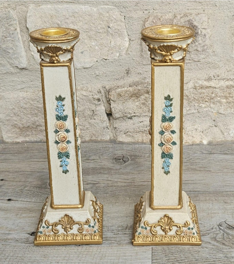 Ornate Vintage Pair Of Candlesticks Pedestal Column Resin Cream Gold Floral  9" Tall