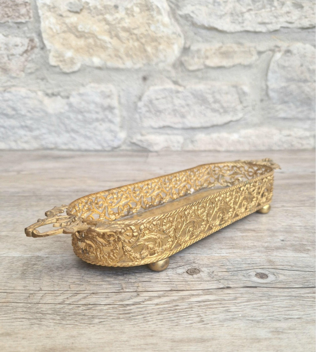 Antique Brass Filligree Rococo Style Desk Pen Tray Holder