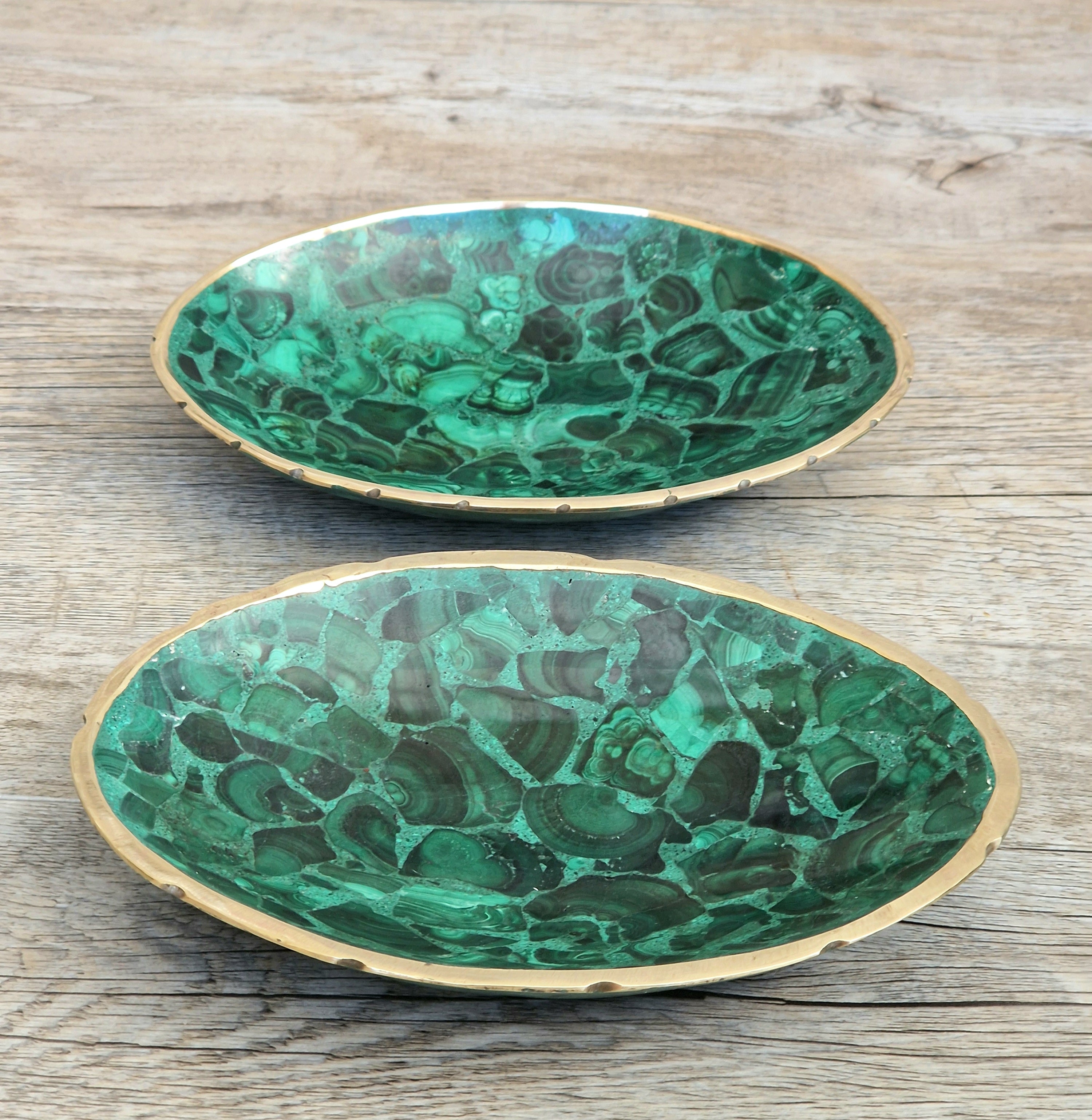Pair of Stunning Fine Midcentury Malachite & Brass Oval Vide Poche Catch-All Decorative Bowls
