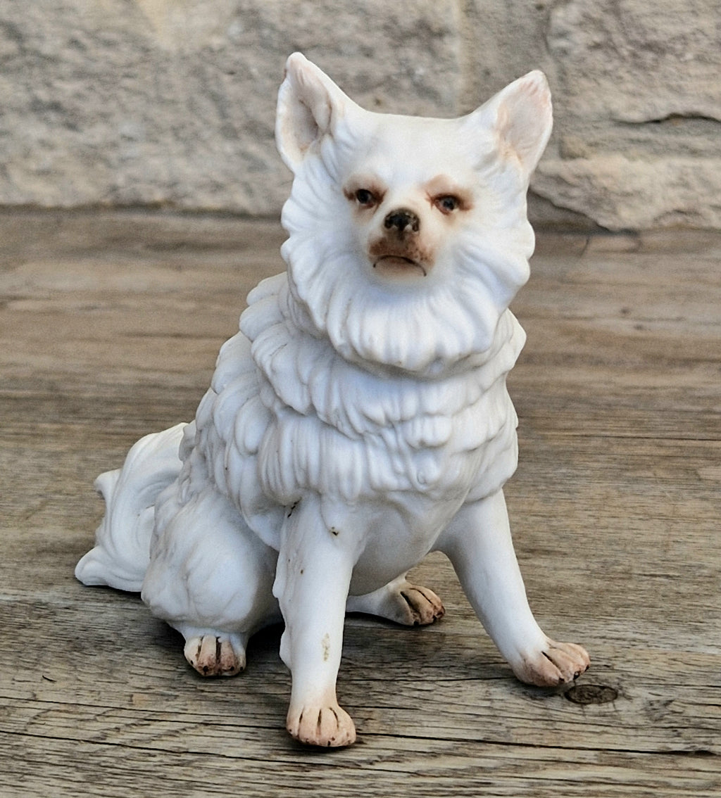 Antique Heubach Bisque Sitting Spitz Dog: German Figure, Circa 1864-1880