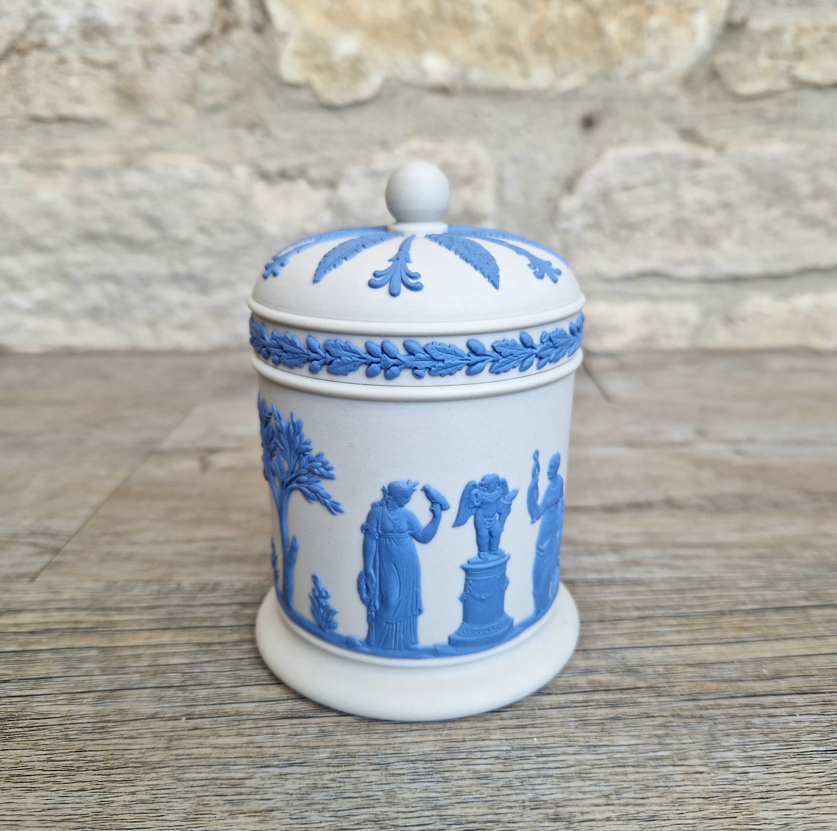 Wedgwood Jasperware Neo Classical Lidded Pot Reverse Blue on White Vintage Wedgwood Made in England