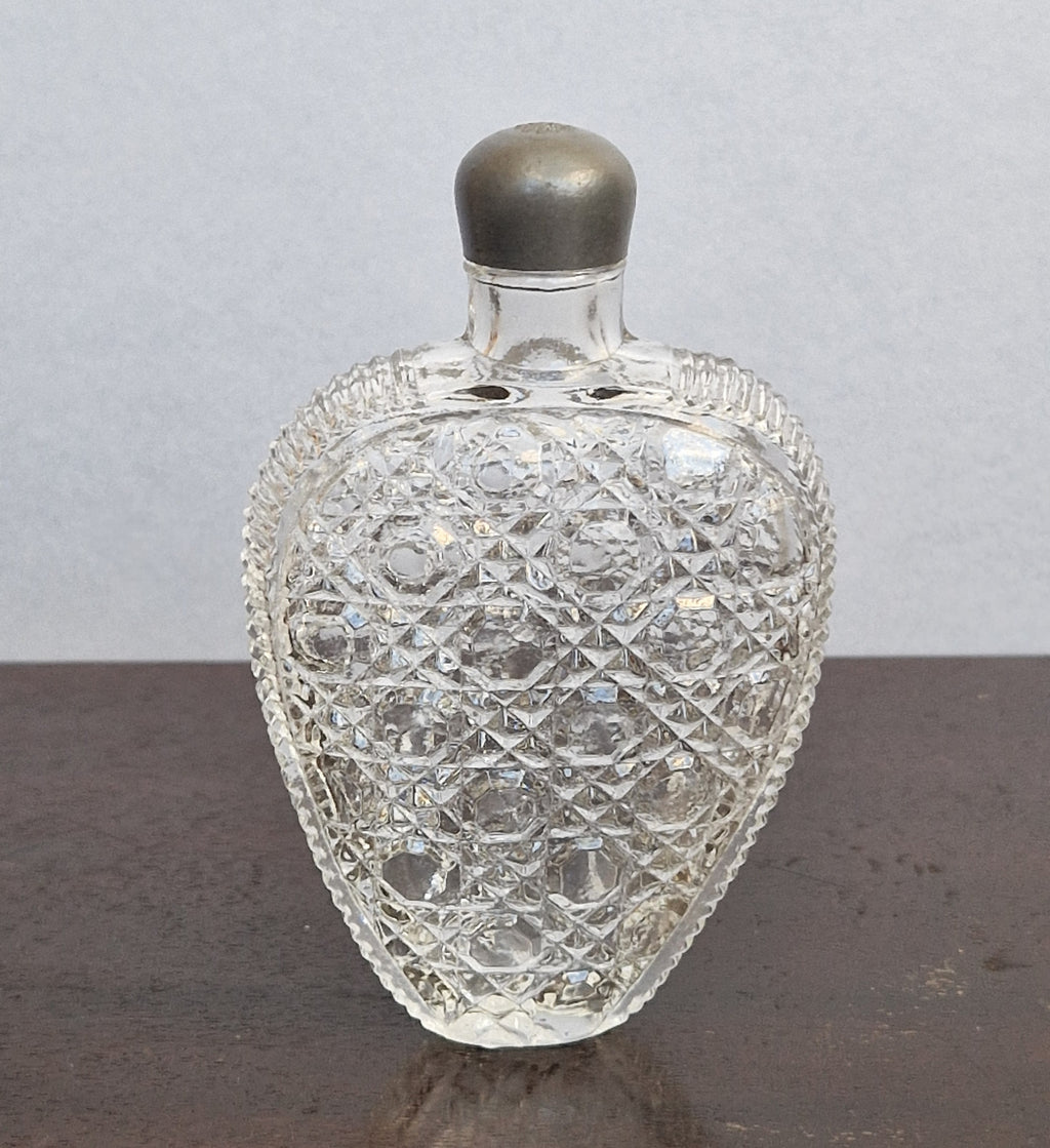Antique Victorian Pressed Glass Heart Perfume Bottle Pocket Scent Flask Original Cap
