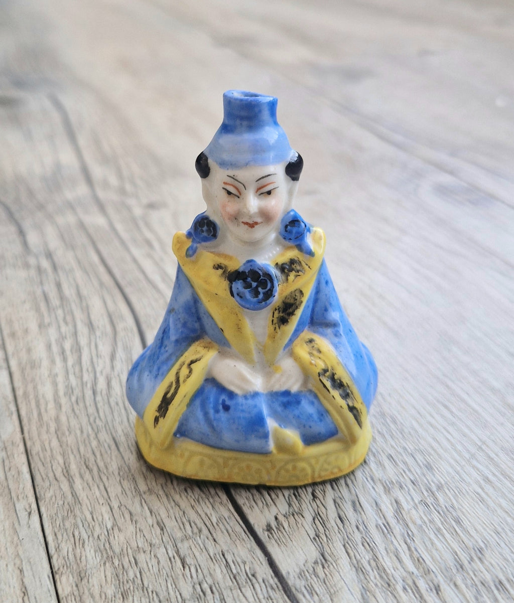 Antique Sitzendorf Ceramic Seated Figure Perfume Bottle - Missing Crown Top