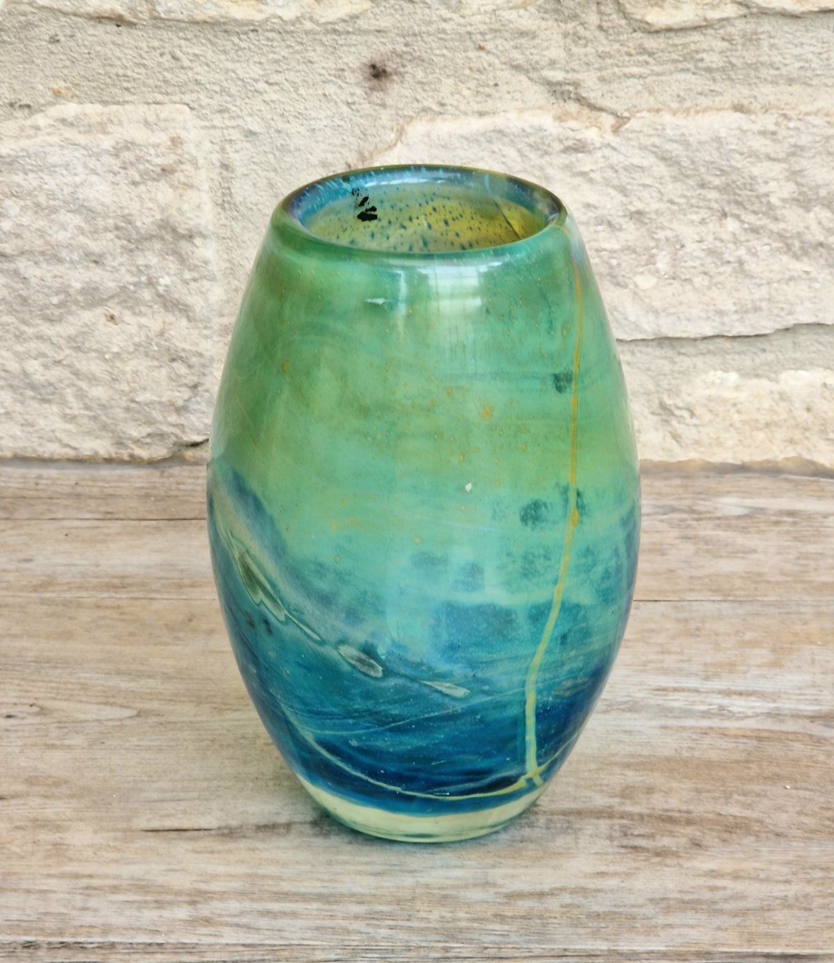 Vintage Mdina Maltese Art Glass Tiger Vase 16cm Signed Mid Century Blue Green 1kg