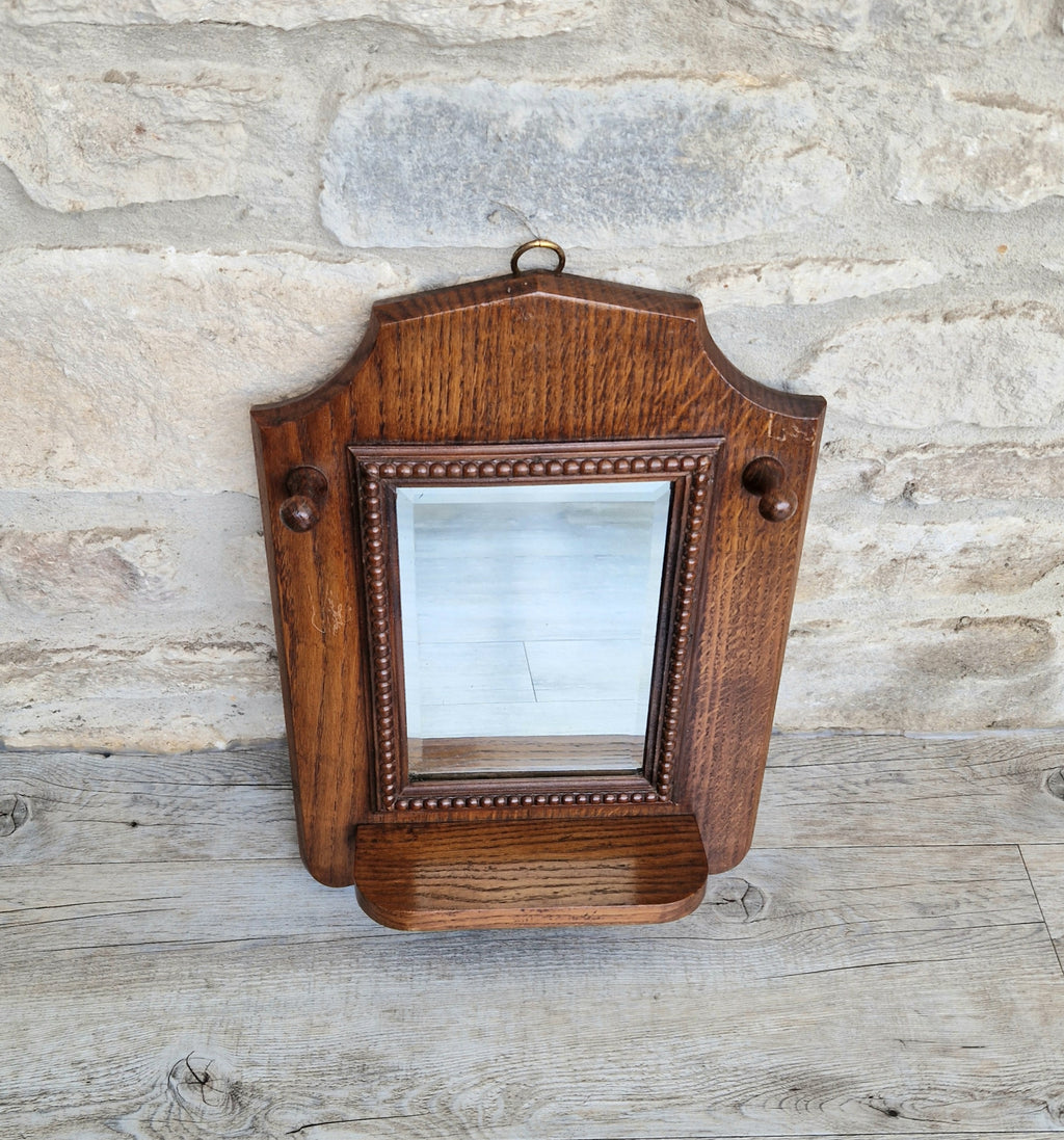 English Oak Arts & Crafts Wall Mirror Bevelled And Beaded Antique Mirror With Shelf And Hooks