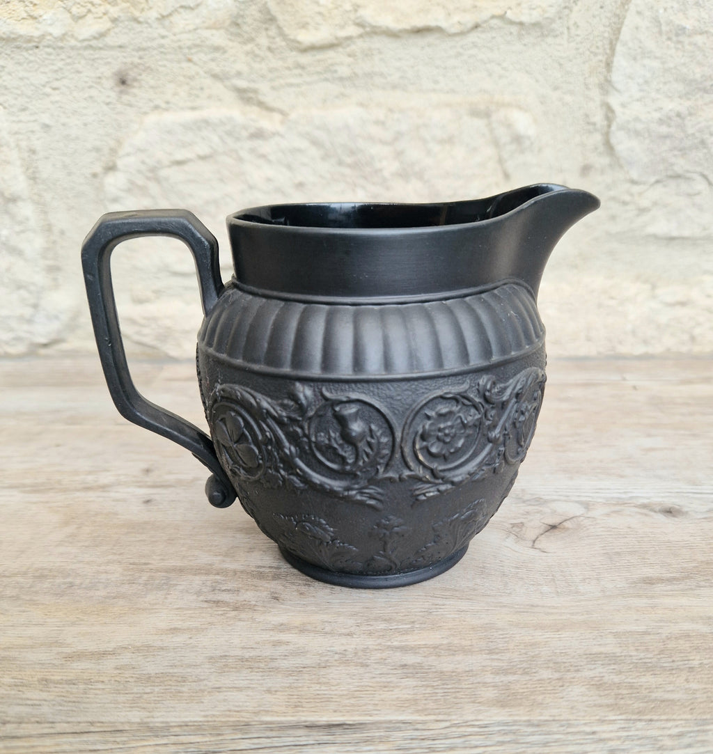Antique Wedgwood Black Basalt Union Jug Creamer Pitcher Four Home Nations Relief Molded