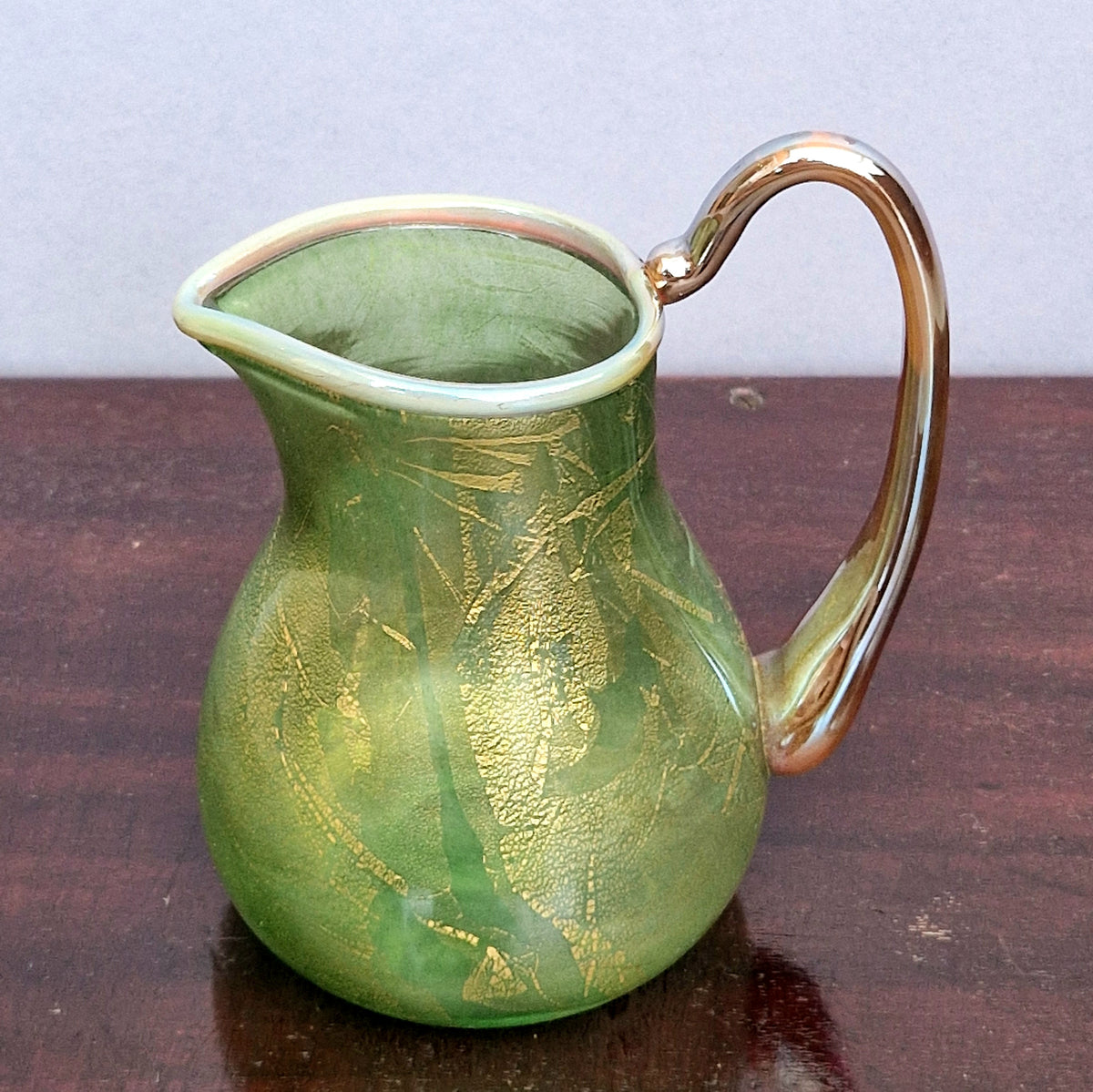 Antique Probable Salviati Dott. Murano Glass Jug, Green Gold Leaf, Venetian c.1875–1890, Handblown 13.5cm Rare