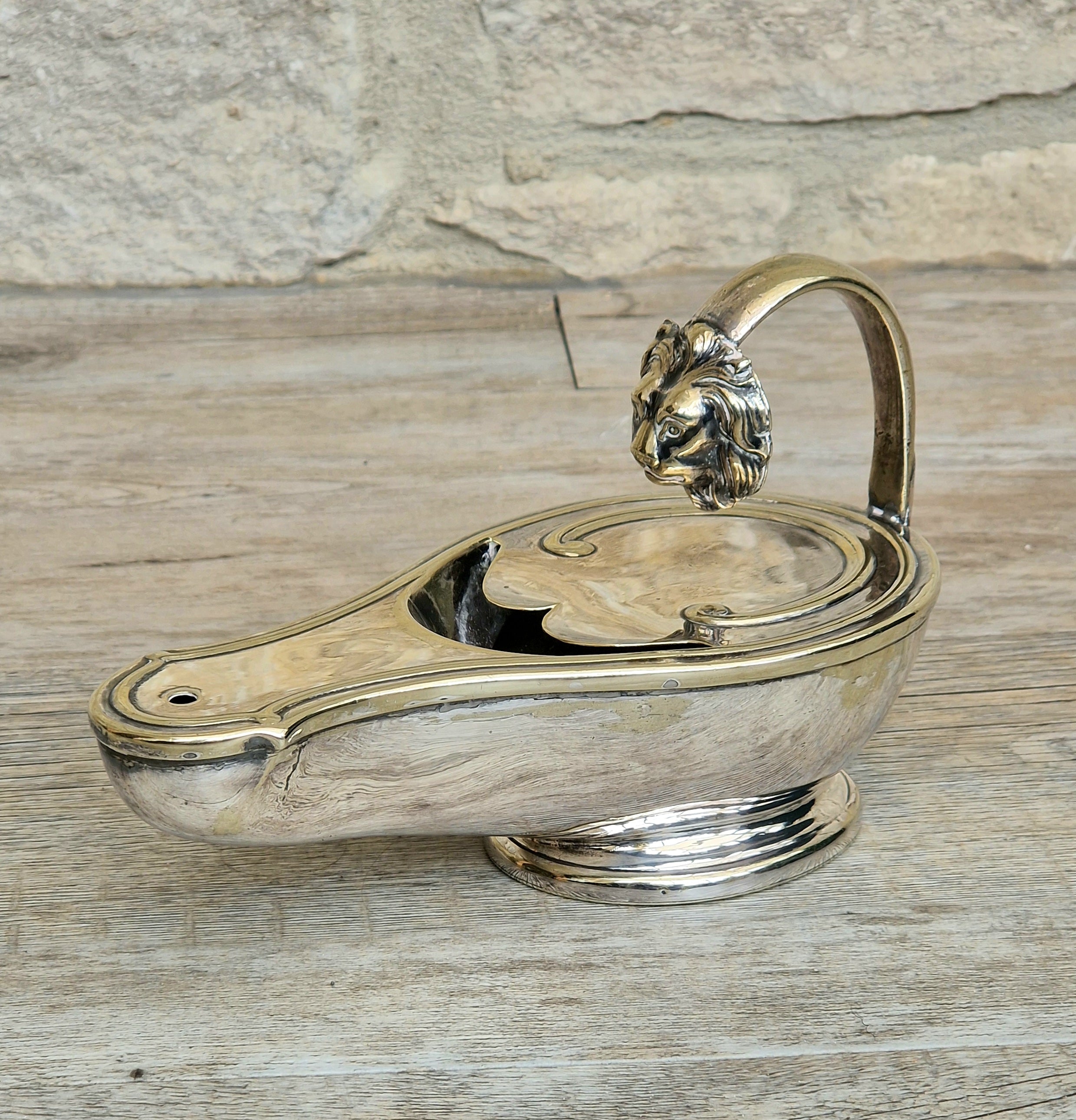 Antique Victorian Silver Plated Spoon Warmer Brass Oil Lamp Style Lion Mask Handle
