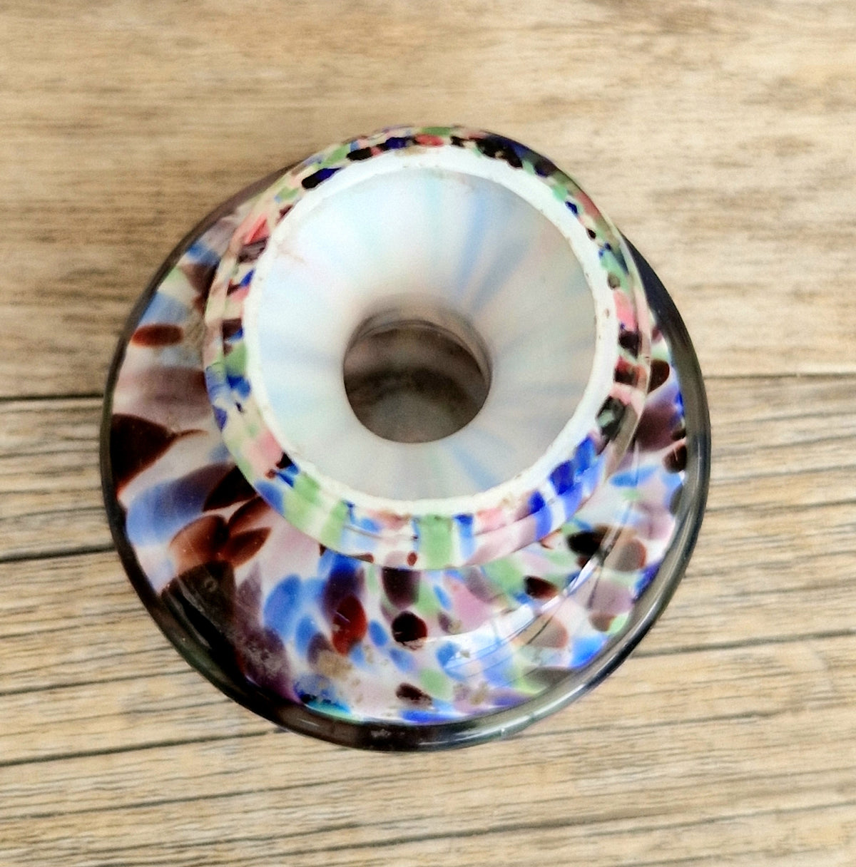 Vintage Murano Style Spatter Glass Miniature Posy Vase Mid Century Multicolored Harlequin Cased Art Glass