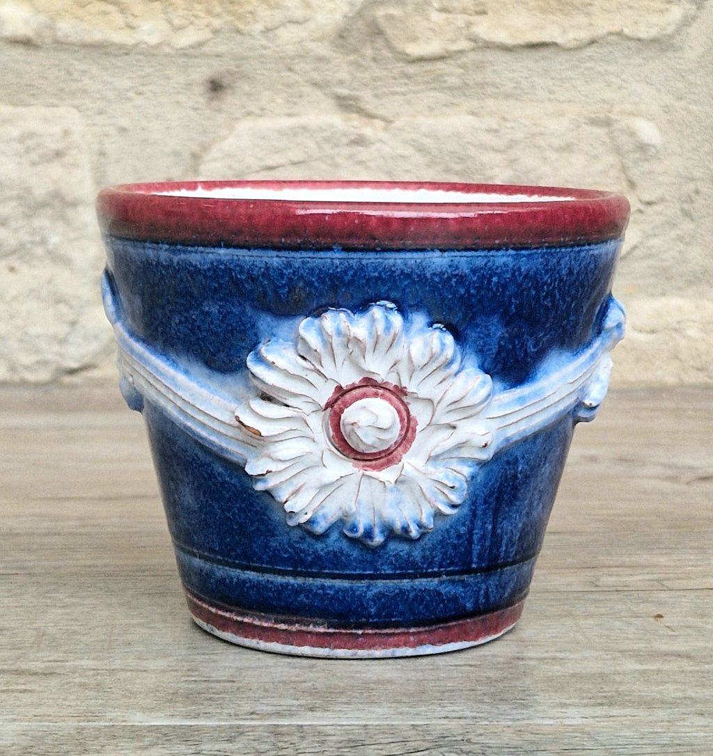 Italian Majolica Ceramic Blue & Red Floral Planter Vase Vintage