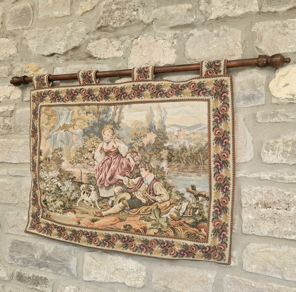 Vintage French Jaquard Pastoral Tapestry Wall Hanging Mounted on Oak Finialled Pole Linned & Finished in England 86cm x 62cm