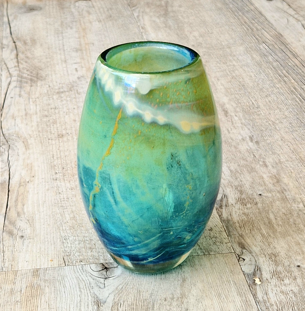 Vintage Mdina Maltese Art Glass Tiger Vase 16cm Signed Mid Century Blue Green 1kg