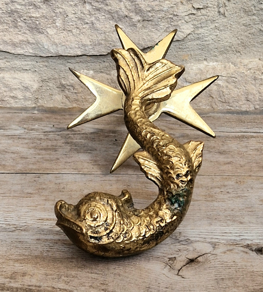 Vintage Heavy Cast Brass Maltese Cross & Dolphin Door Knocker 1950's