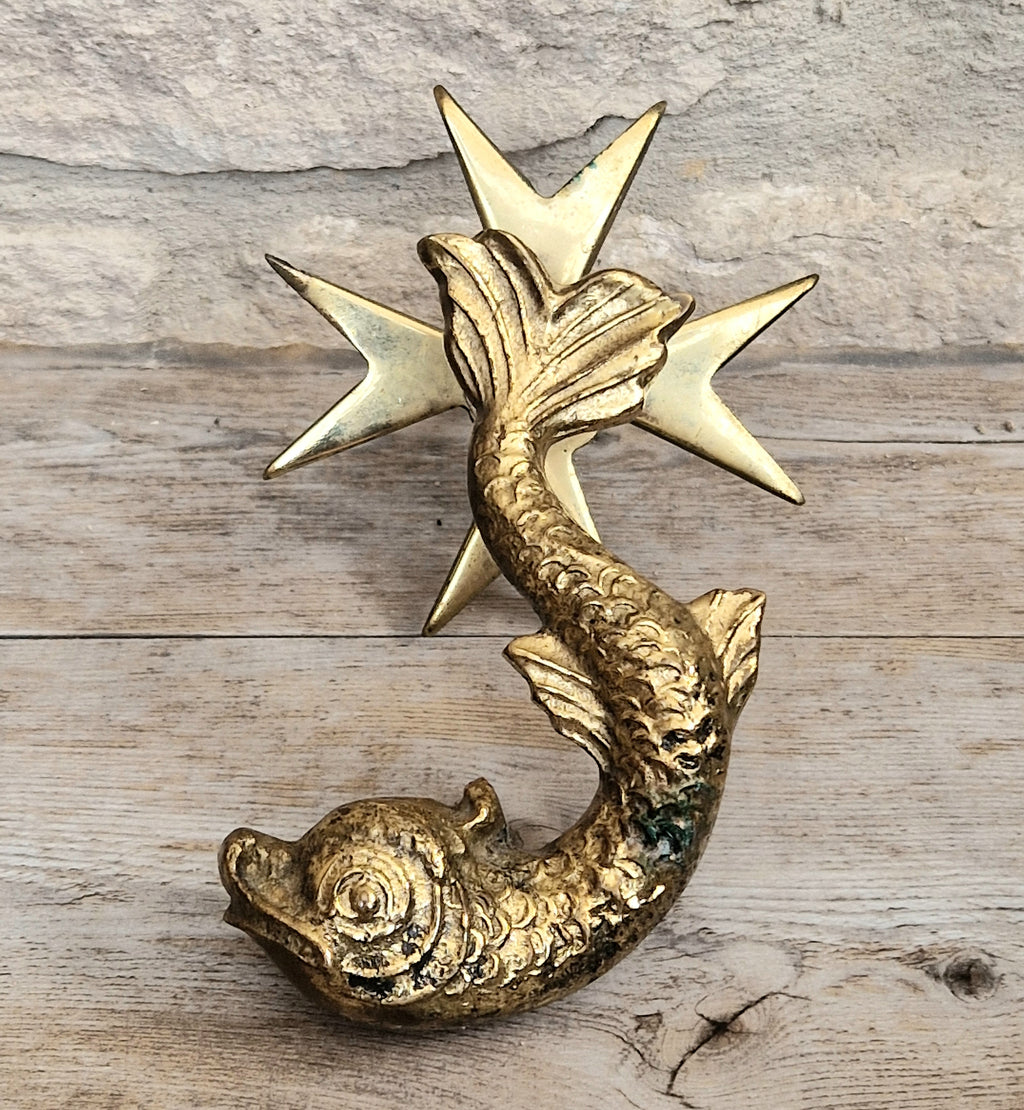 Vintage Heavy Cast Brass Maltese Cross & Dolphin Door Knocker 1950's
