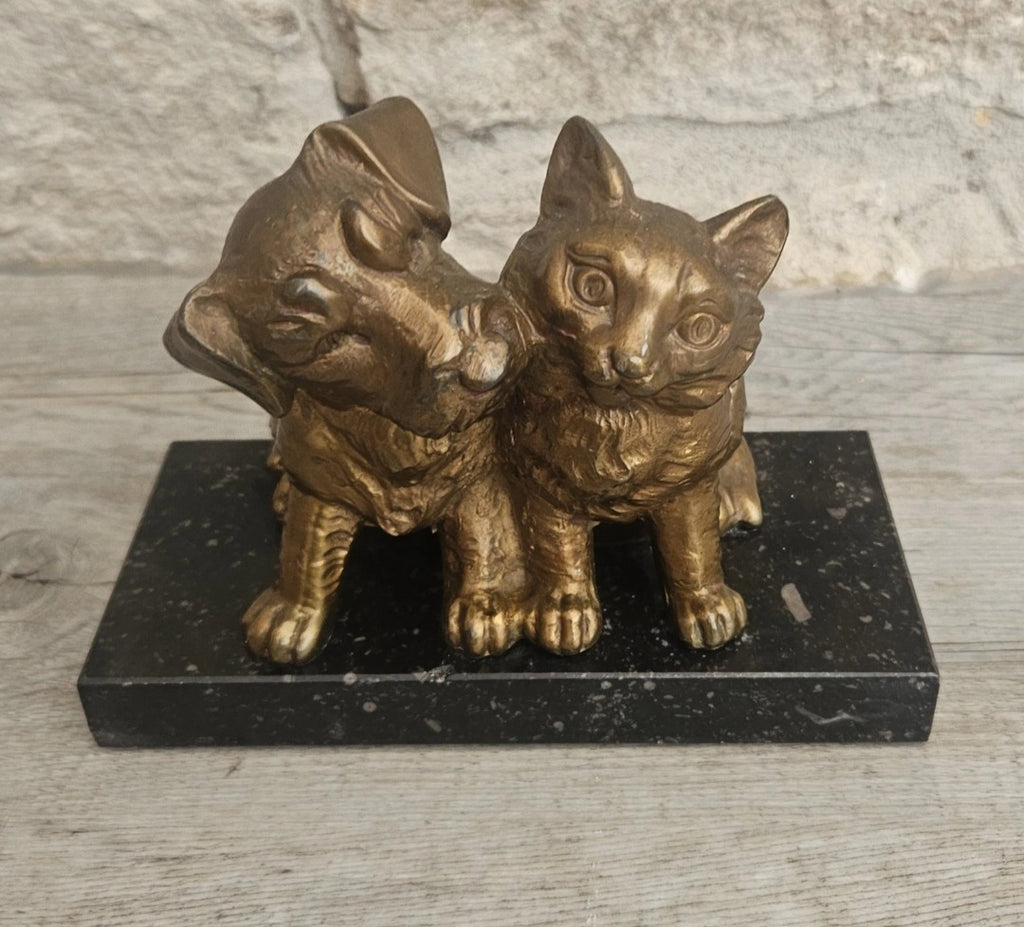 Antique Art Deco Spelter Cat and Dog Figurine on Black Marble Base 16cm X 8cm