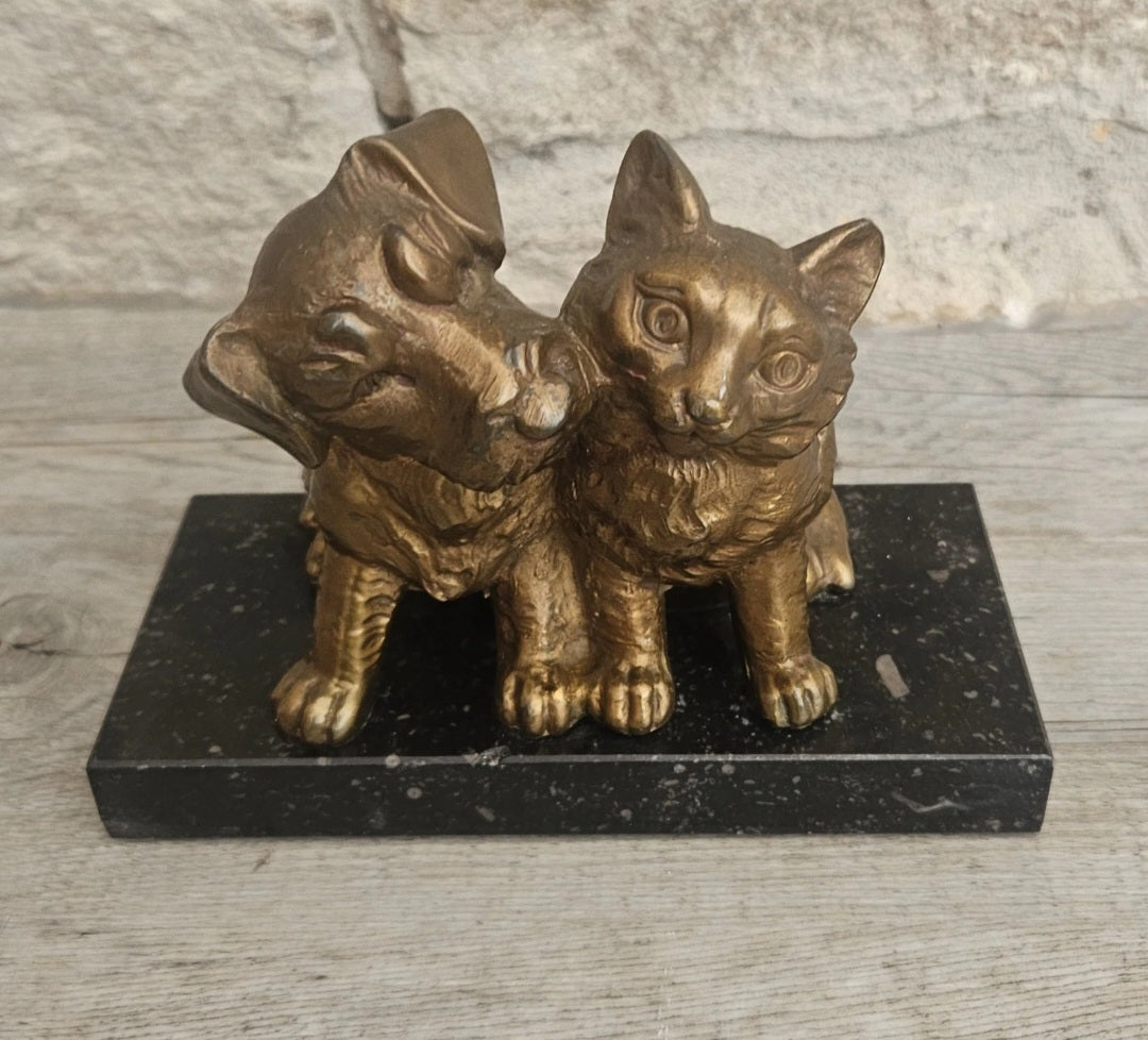 Antique Art Deco Spelter Cat and Dog Figurine on Black Marble Base 16cm X 8cm
