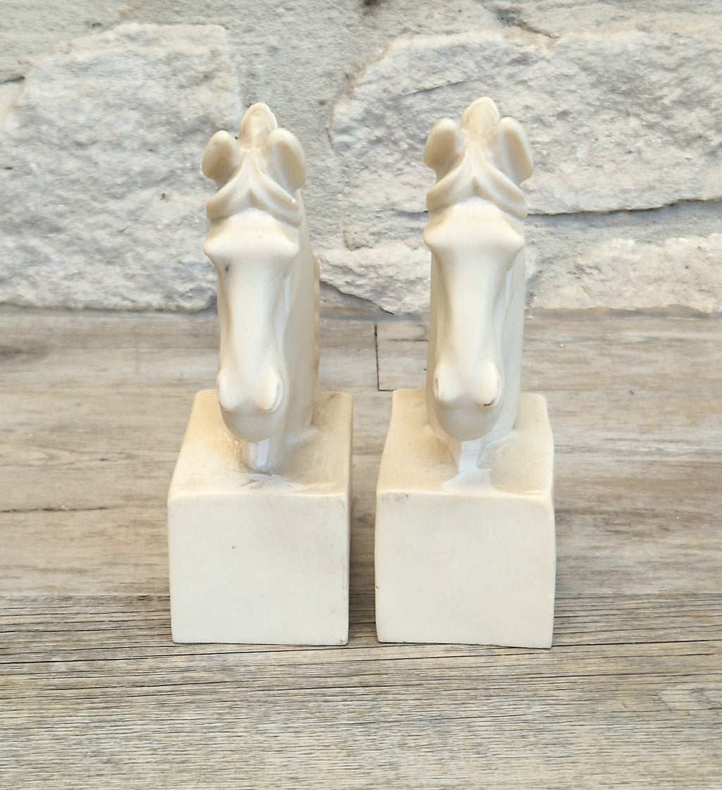 Vintage Continental White Stallion Horse Head Resin Book Ends Ornaments