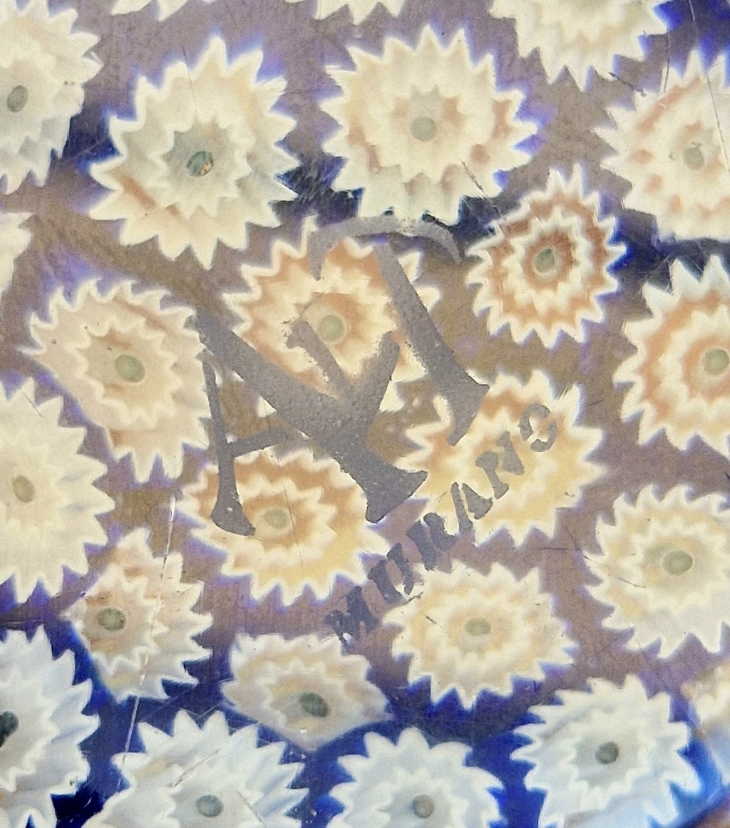 ALT Studio Murano Glass Deep Blue & White Star Flower Millifiore Paperweight