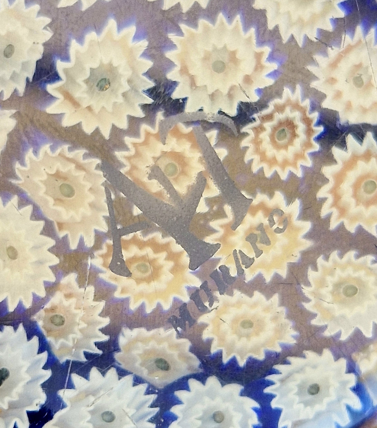 ALT Studio Murano Glass Deep Blue & White Star Flower Millifiore Paperweight