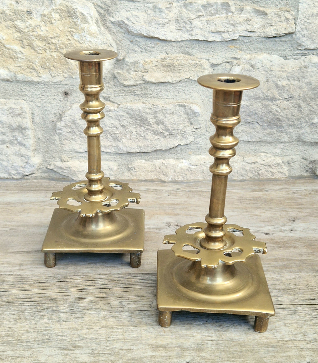 18th Century Solid Turned Brass Russian Sabbat Candle Holder Sticks Very Rare