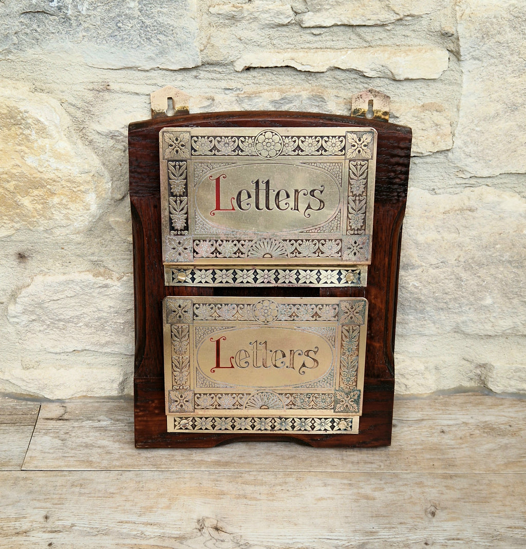 Antique Arts & Crafts Brass And Quarter Sawn Oak Gentleman's Wall Letter Rack