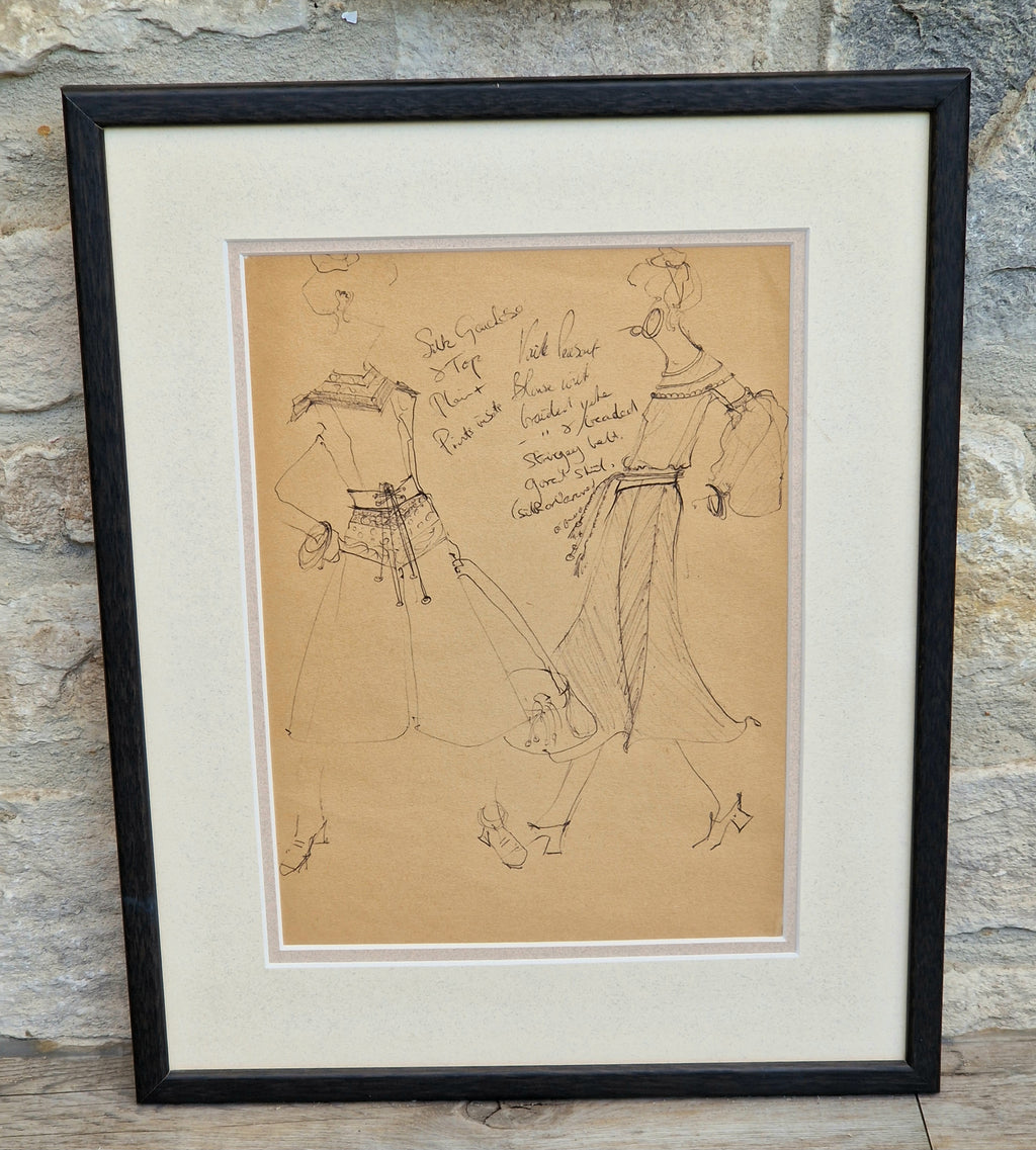 1970s Couture Fashion Drawings Double Framed Sketches Original Bill Gibb Style