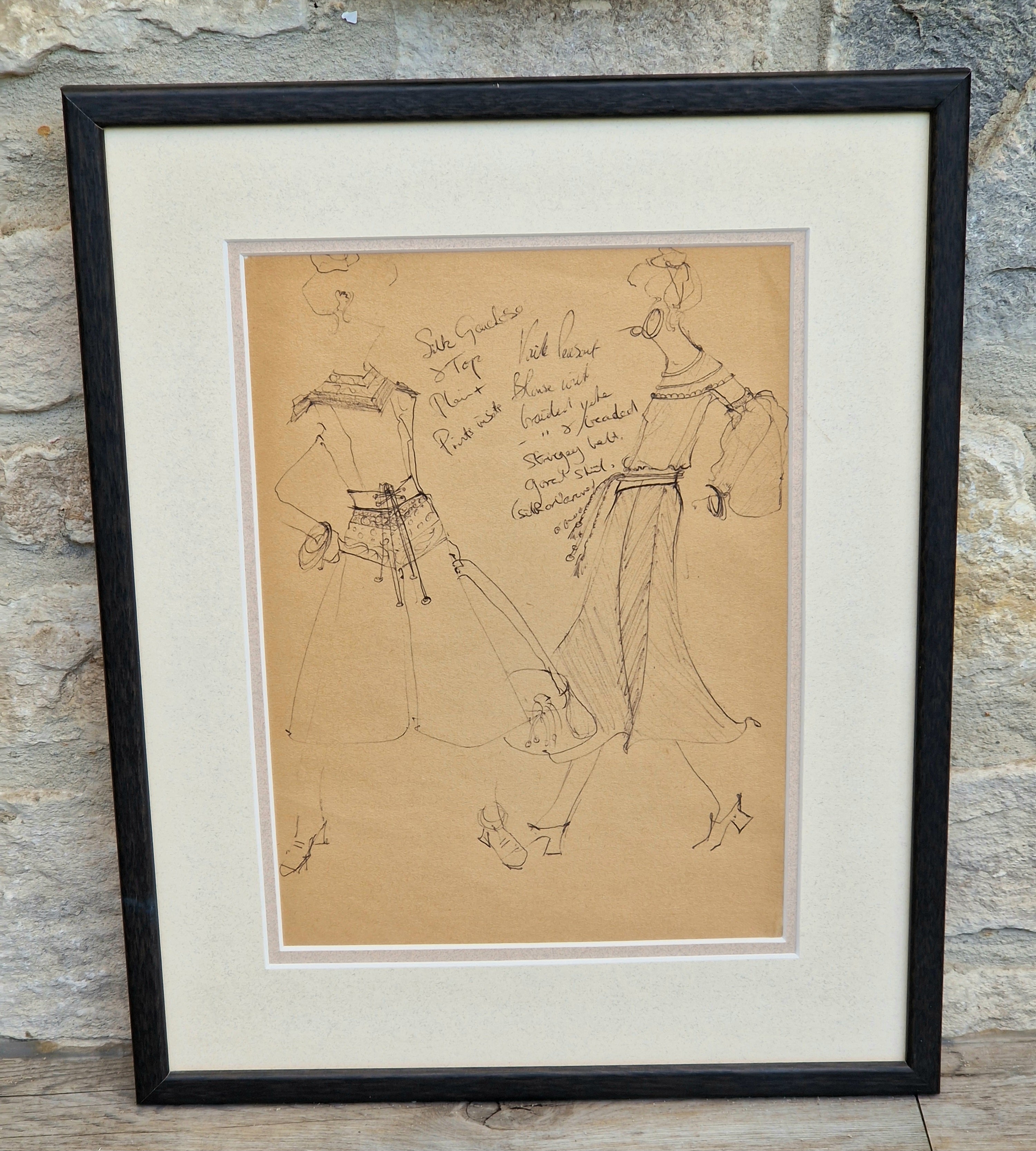 1970s Couture Fashion Drawings Double Framed Sketches Original Bill Gibb Style