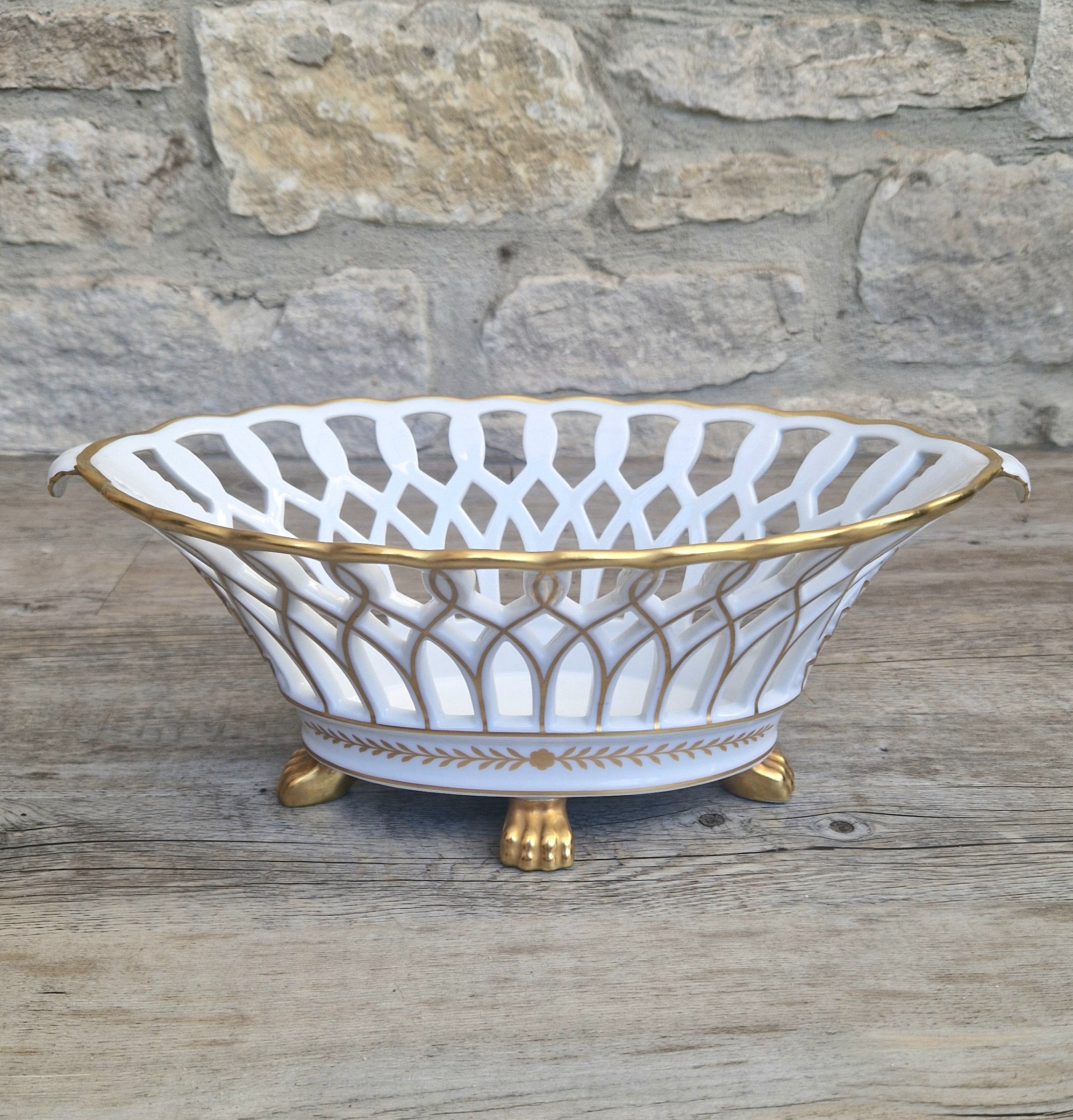 Large Vista Alegre Reticulated White & Gold Ceramic Basket Fruit Bowl Old Paris Style