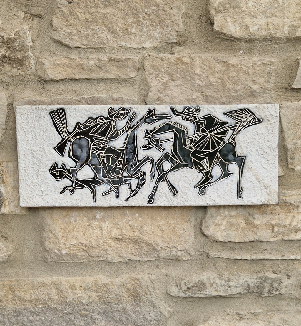 Mid-Century Italian Ceramic Art Plaque Warriors On Horseback Glazed Textured Art