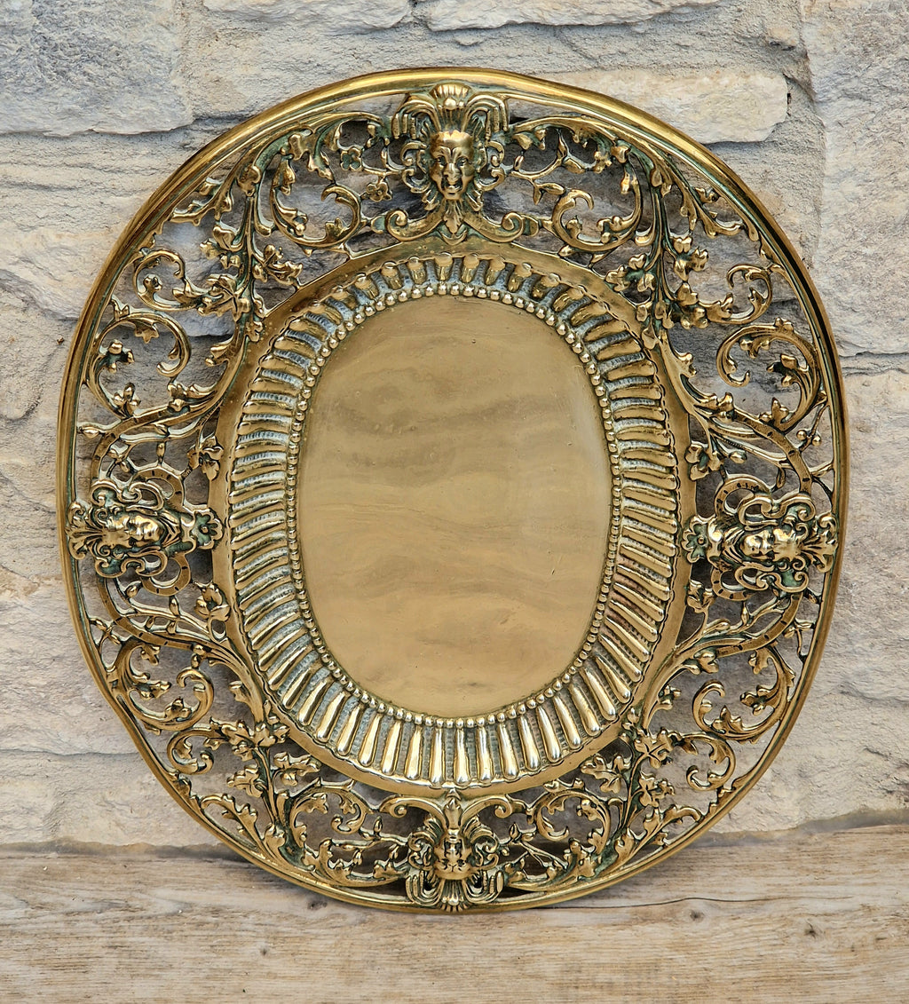 Antique 19thC Baroque Cast Brass Architectural Mount Appliqué Ornate Mascaron Filigree Vanity Card Tray Plate Hand-Tooled Pattern 1018