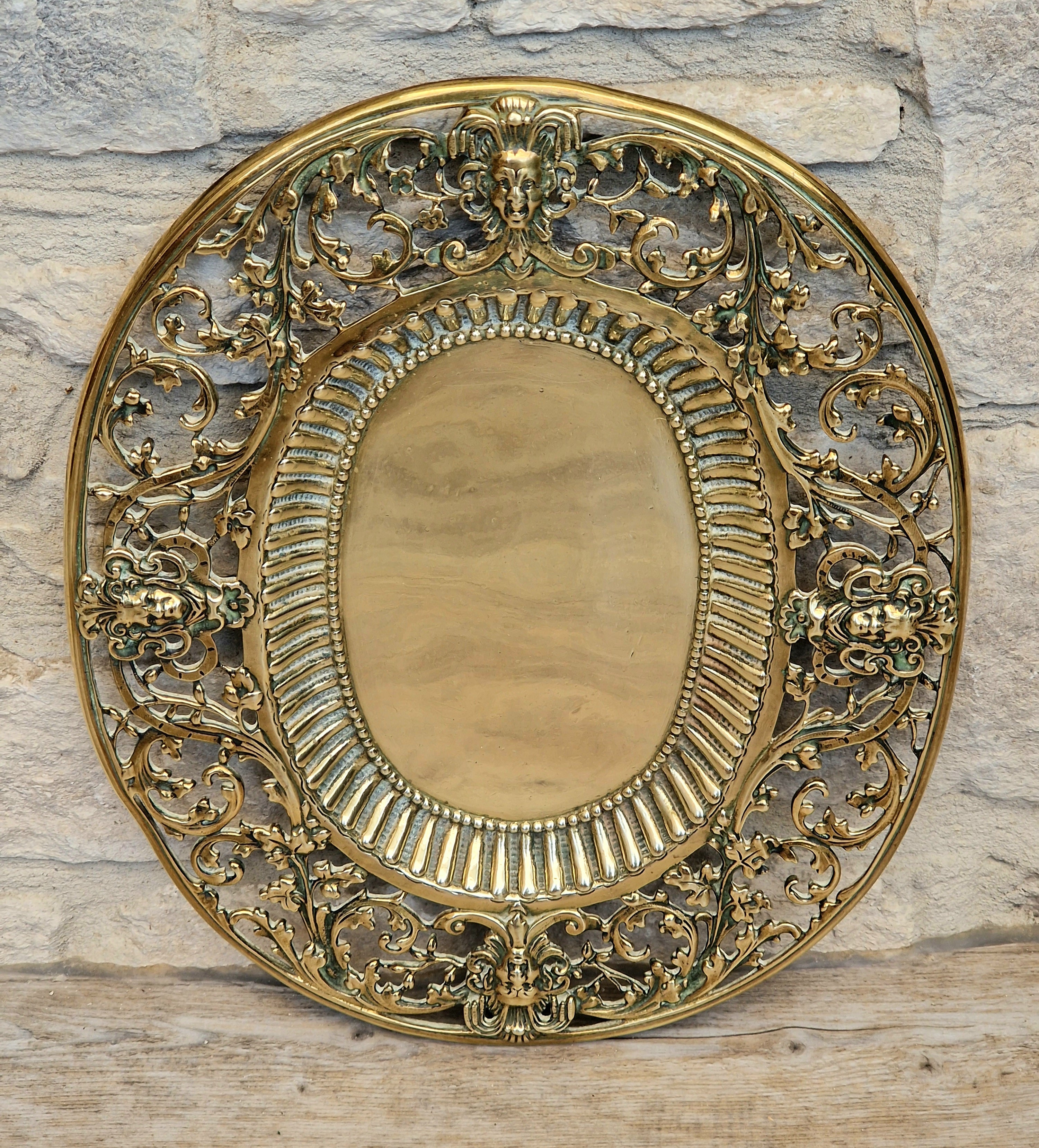 Antique 19thC Baroque Cast Brass Architectural Mount Appliqué Ornate Mascaron Filigree Vanity Card Tray Plate Hand-Tooled Pattern 1018