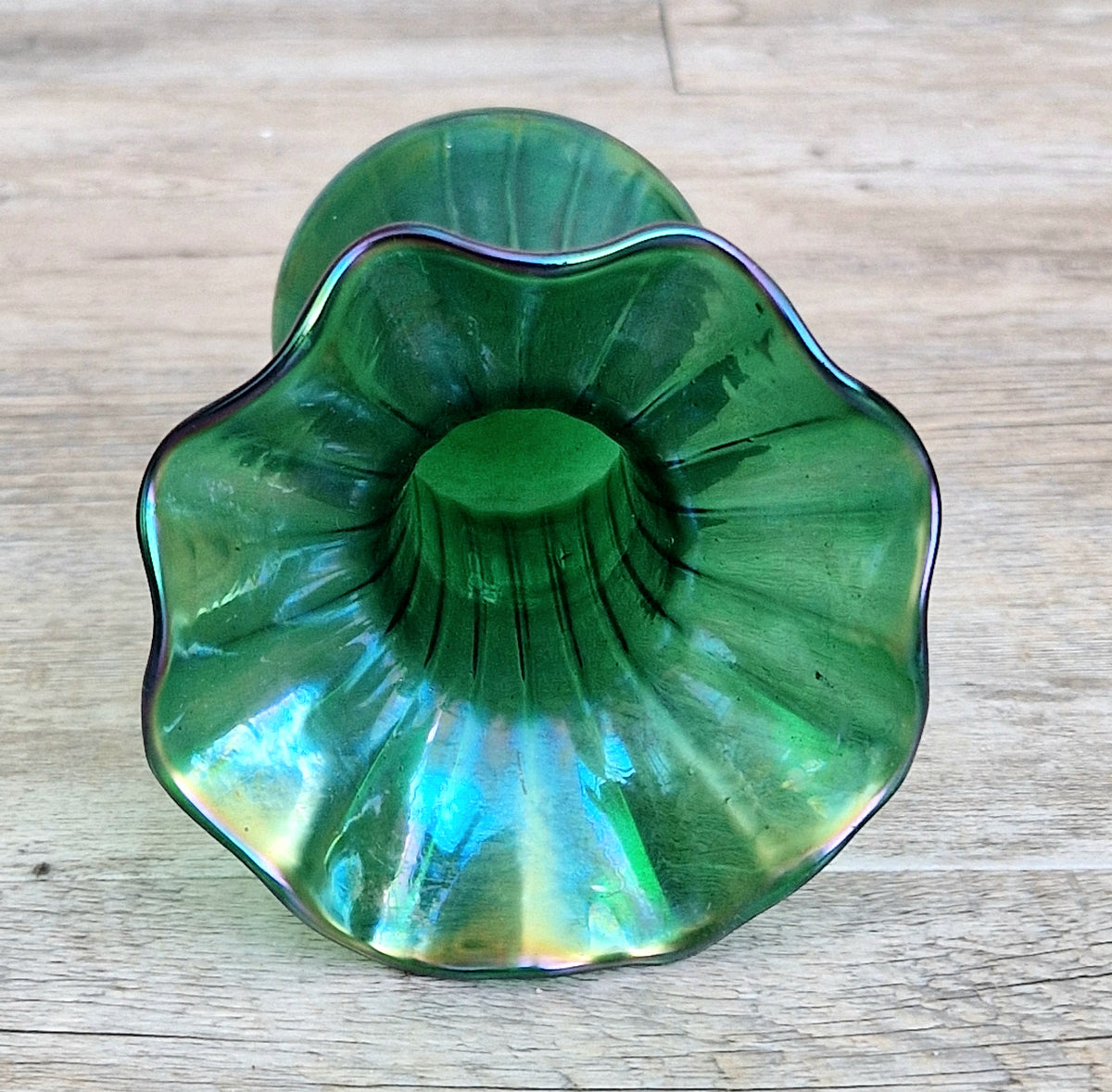 Antique Loetz Art Nouveau Creta Glatt Iridescent Green Glass Fluted Vase Polished Pontil c1900