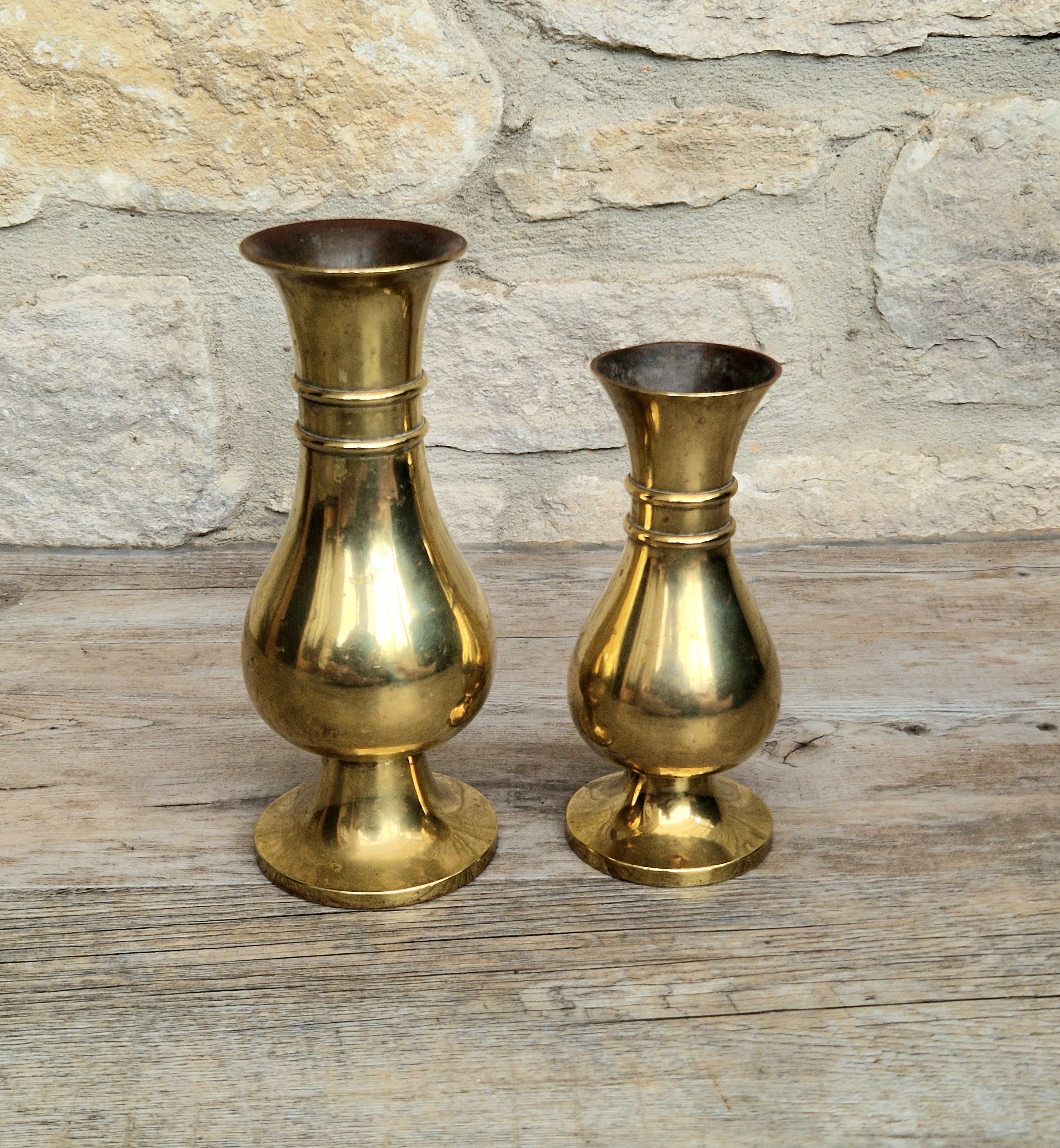 Antique Brass Altar Vases Flared Rim Heavy Pedestal Ecclesiastical Decor Early 20th C.