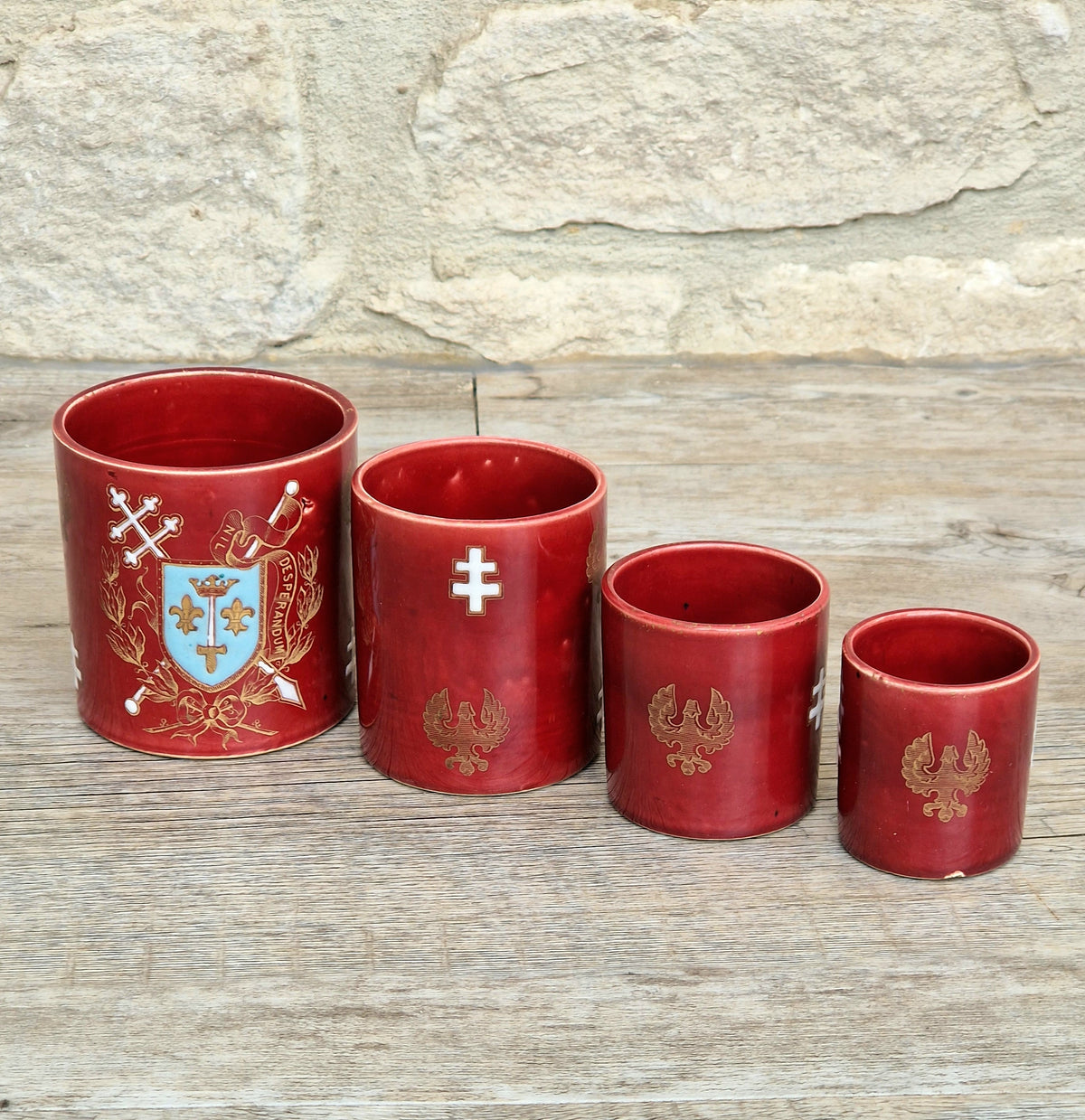 Rare Antique French Lunéville Ceramic Nesting Beakers, Keller & Guérin, Lorraine Heraldry, Nil Desperandum, c.1890 Set