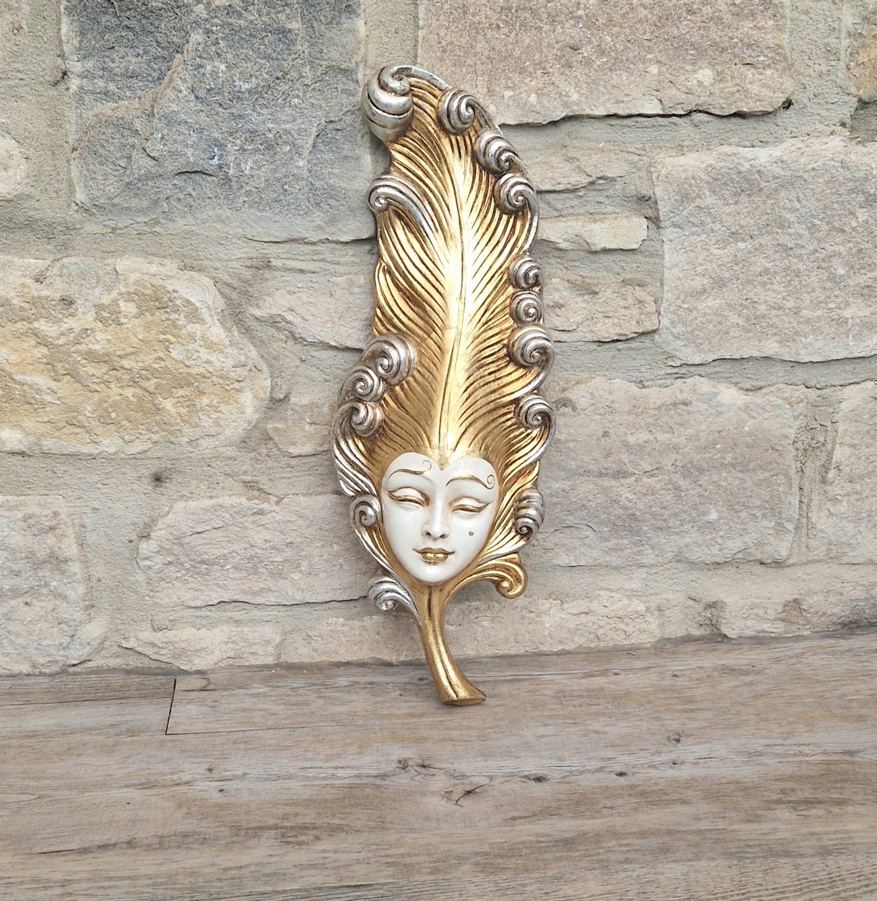 Vintage Venetian Wall Mask Feather Leaf Ceramic Gold Silver Made Italy 38cm Long