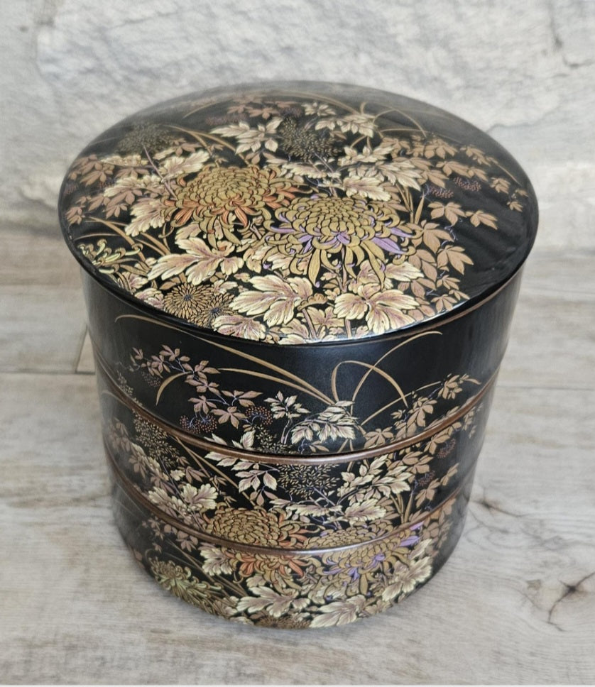 Japanese 3 Tiered Porcelain Lidded Box Butterfly Flowers Shibata Toki Vintage