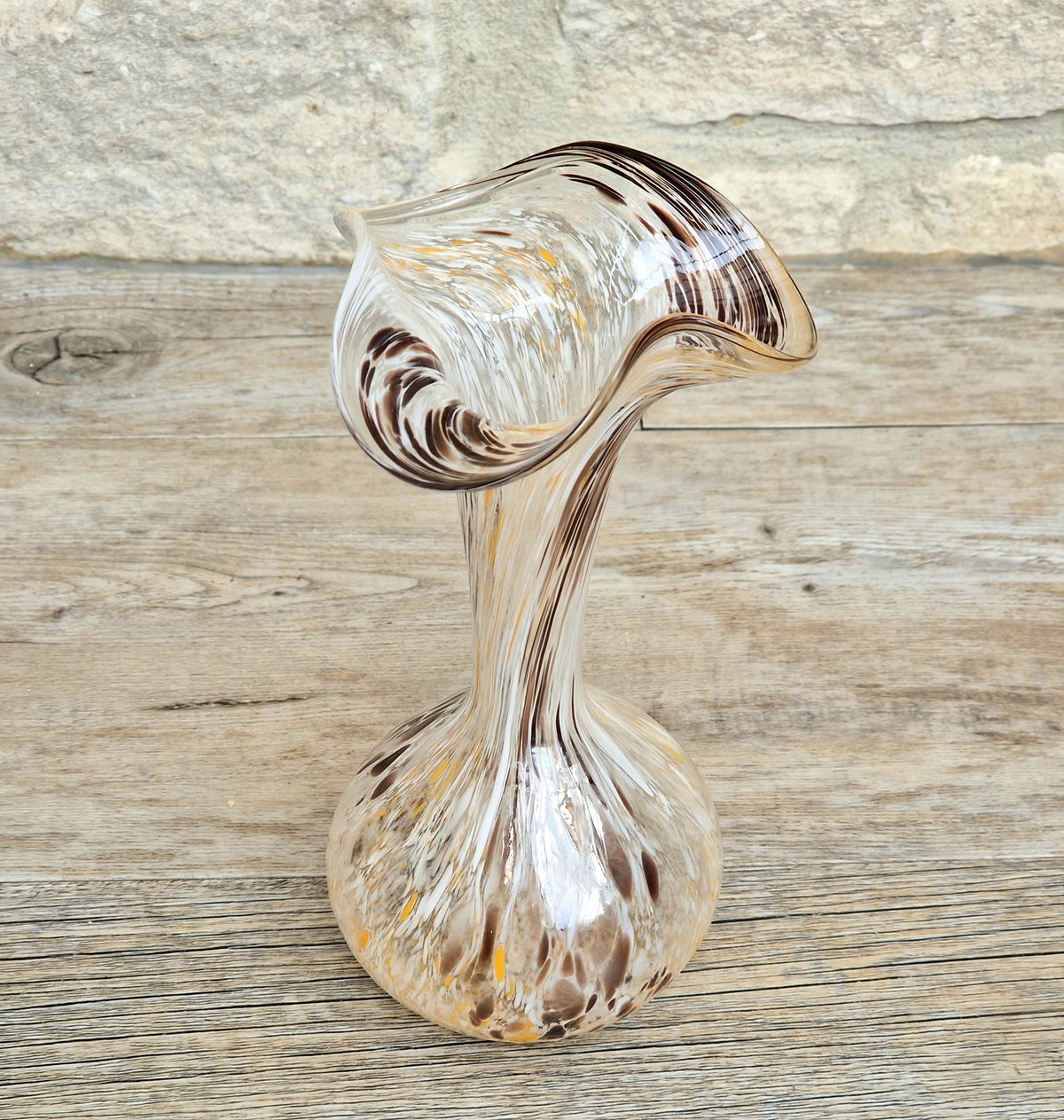 Vintage Art Glass Confetti Vase, Handblown Clear Glass with White, Amber, Brown Flecks, Flared Rim