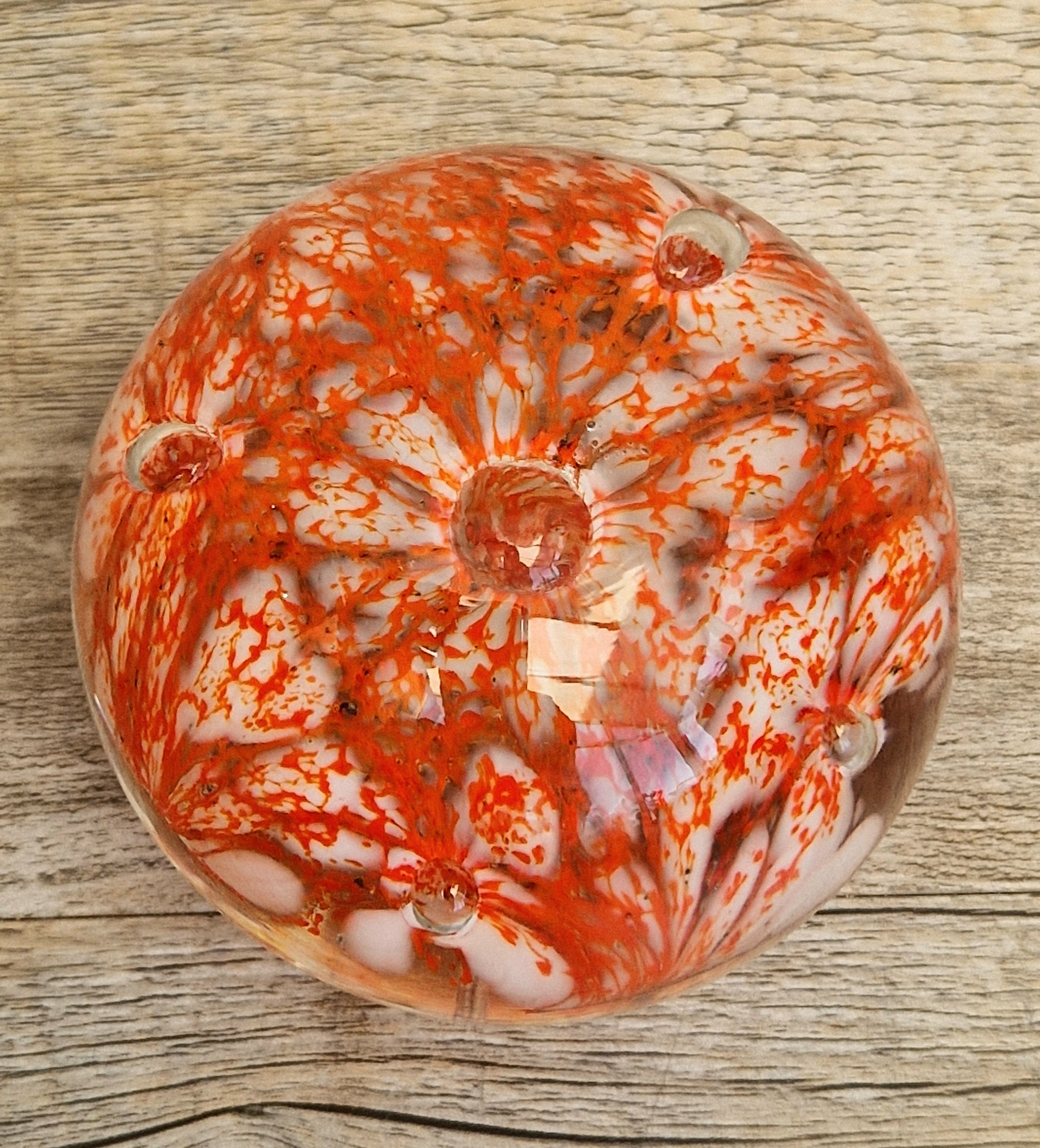Vintage Rare Liskeard Glass Cornwall Orange & White Bubble Sphere Paperweight 1975