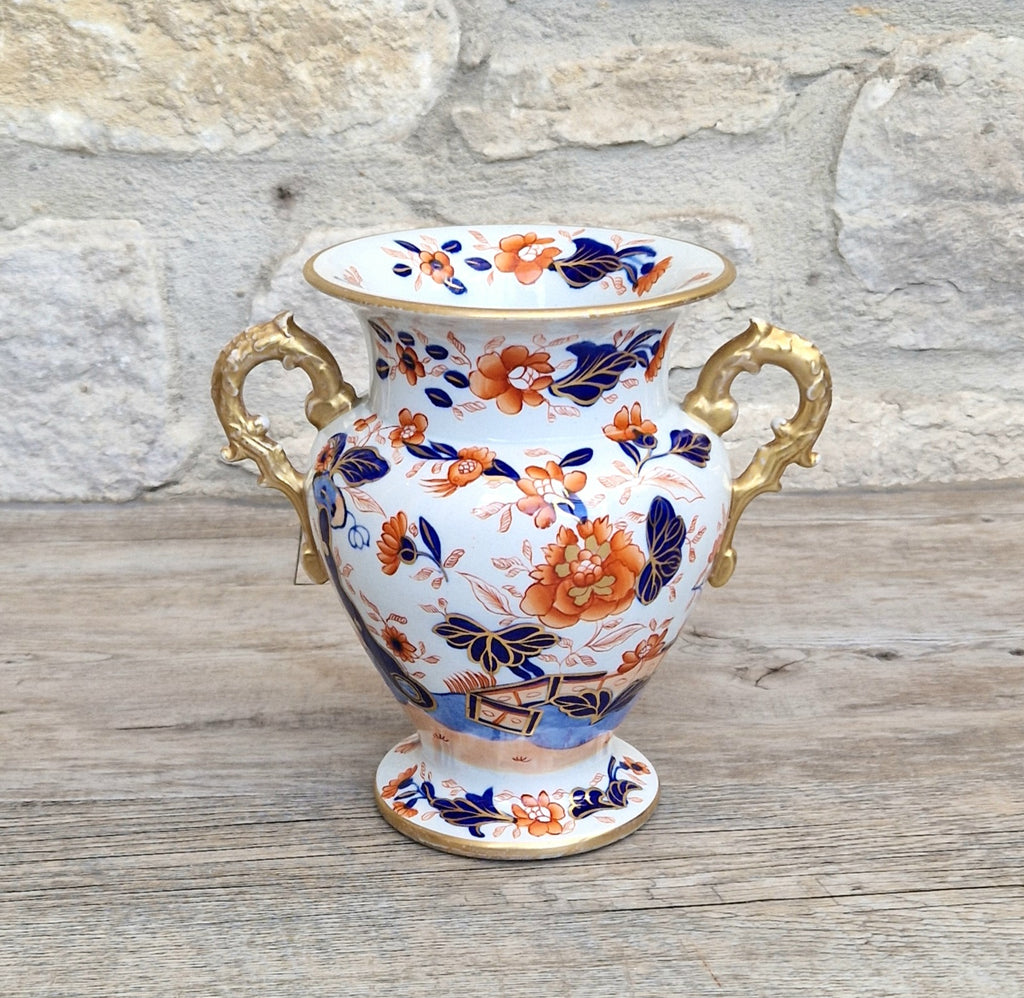 Early Mason's Ironstone China Vase Japan Fence Pattern, Gilt Handles 1820