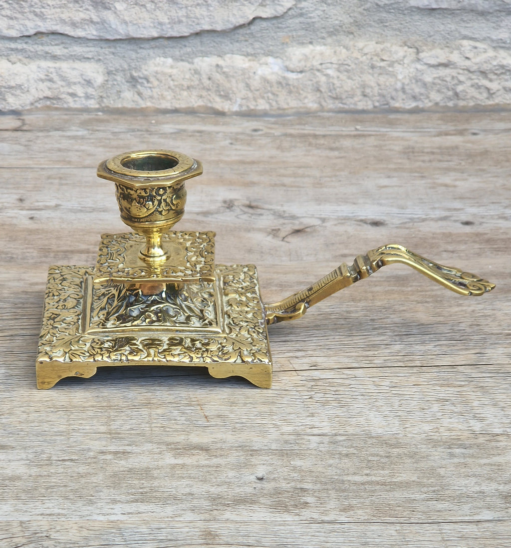 Fine French Antique Rococo Solid Brass Square Tiered Footed Chamberstick