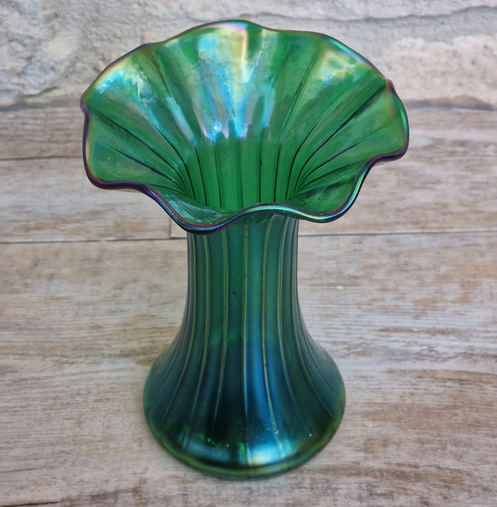 Antique Loetz Art Nouveau Creta Glatt Iridescent Green Glass Fluted Vase Polished Pontil c1900