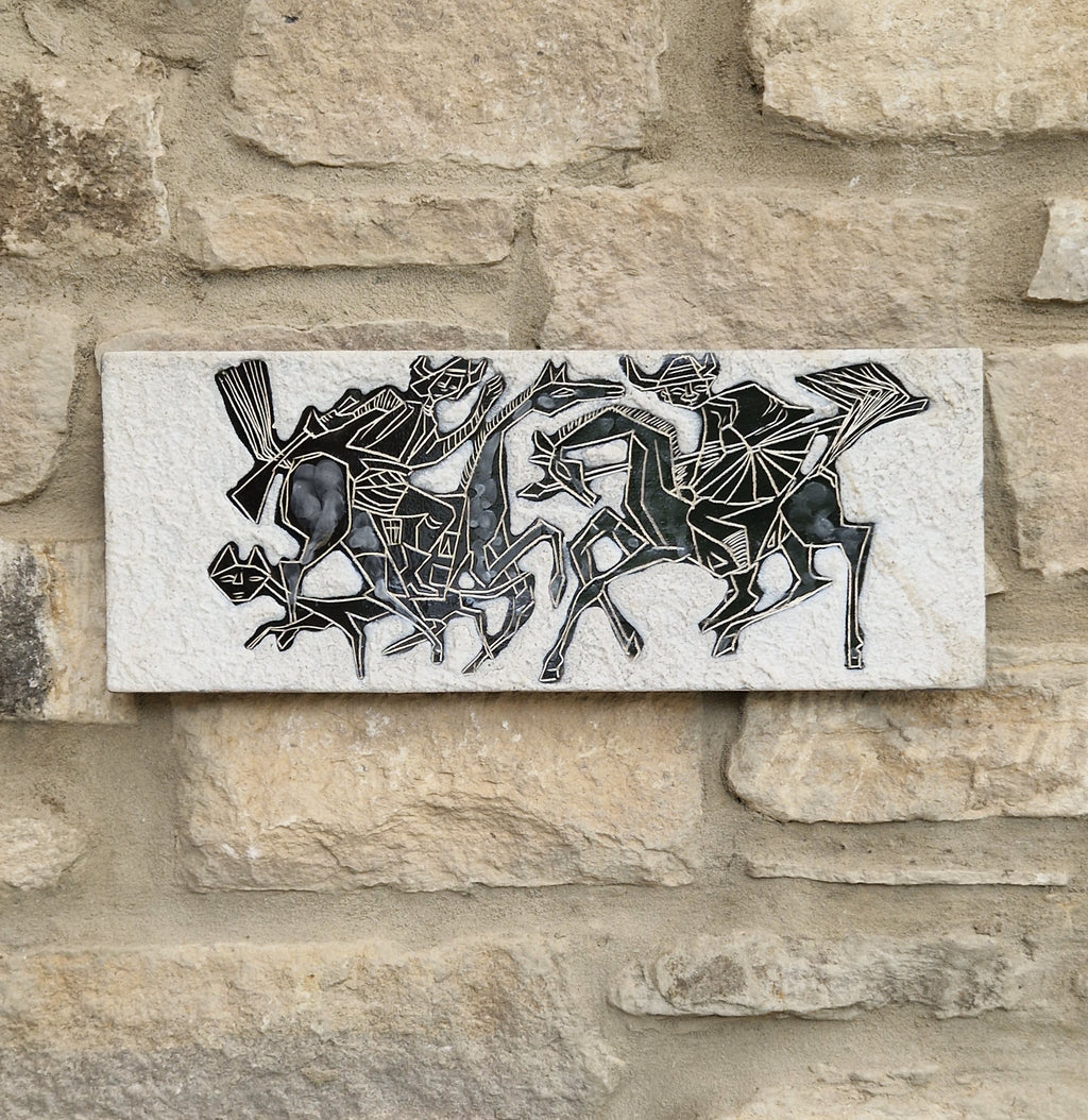 Mid-Century Italian Ceramic Art Plaque Warriors On Horseback Glazed Textured Art