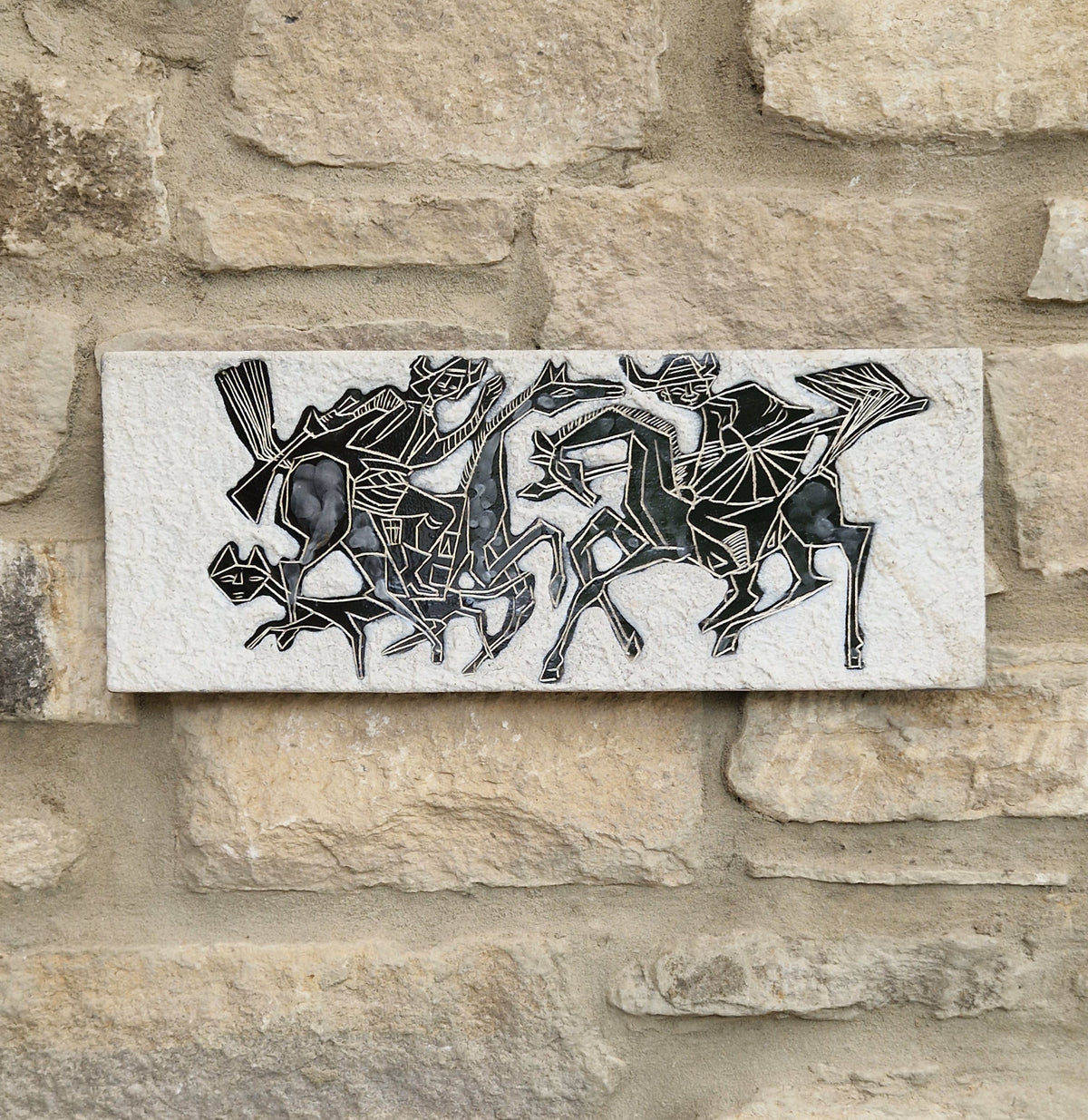 Mid-Century Italian Ceramic Art Plaque Warriors On Horseback Glazed Textured Art