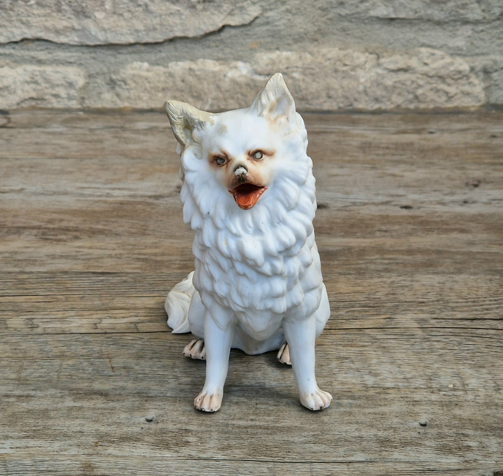 Antique Heubach Bisque Sitting Panting Spitz Dog: German Figure, Circa 1864-1880