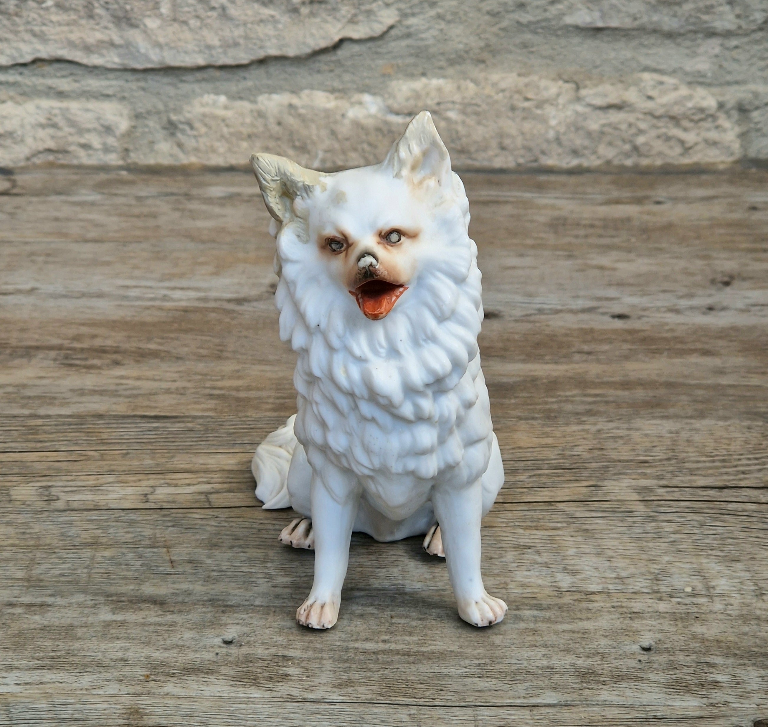Antique Heubach Bisque Sitting Panting Spitz Dog: German Figure, Circa 1864-1880