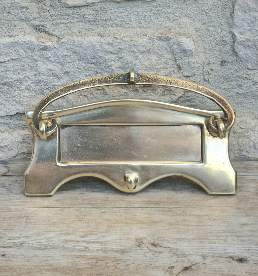 Art Deco Antique Brass Letterbox Plate Door Knocker Original Bolts 18cm