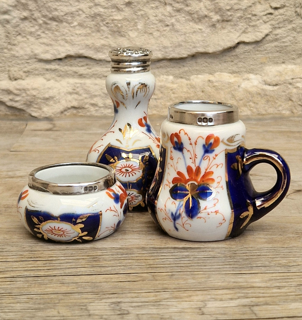 Antique 1904 London Sterling Silver Imari Cruet Set Salt Pepper Mustard Pot Victorian Condiment