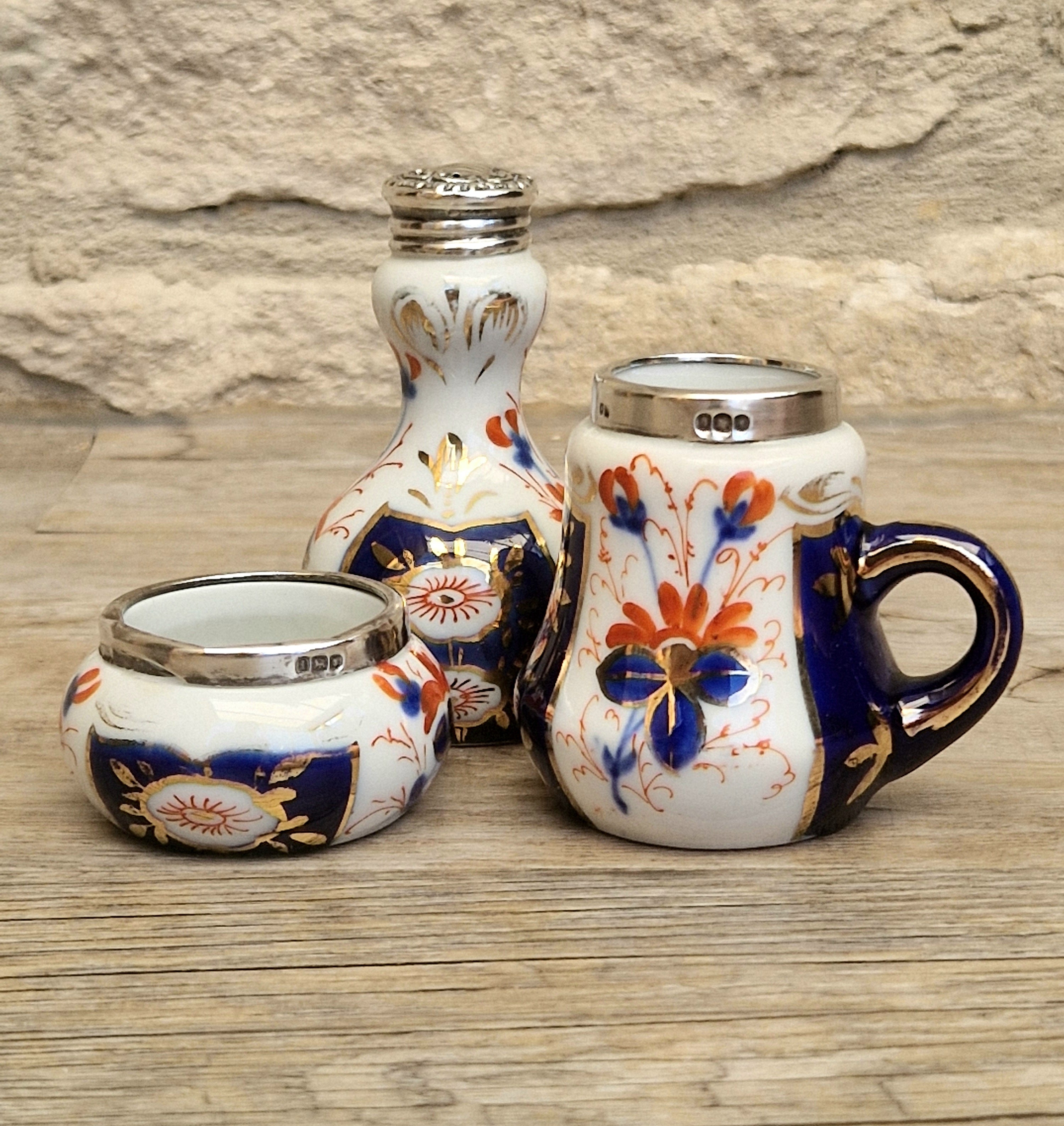 Antique 1904 London Sterling Silver Imari Cruet Set Salt Pepper Mustard Pot Victorian Condiment